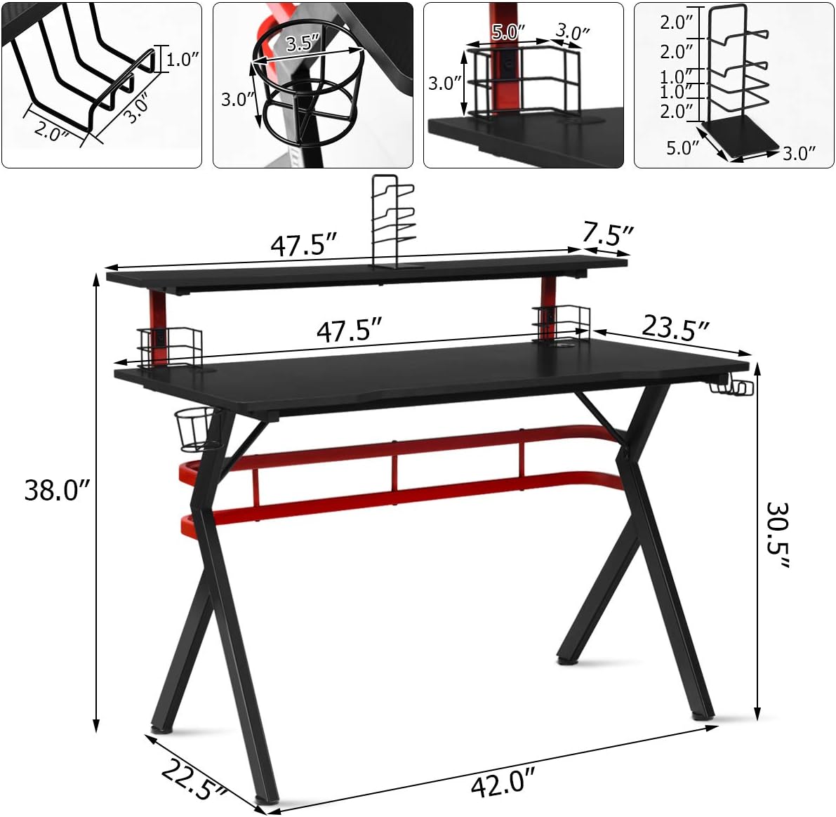 Tangkula Gaming Desk, Professional Gamer Workstation with Cup Holder, Headphone Hook, Handle Rack, Ergonomic PC Gaming Table with Monitor Stand, E Sports Computer Desk Table for Home, Office (Black)