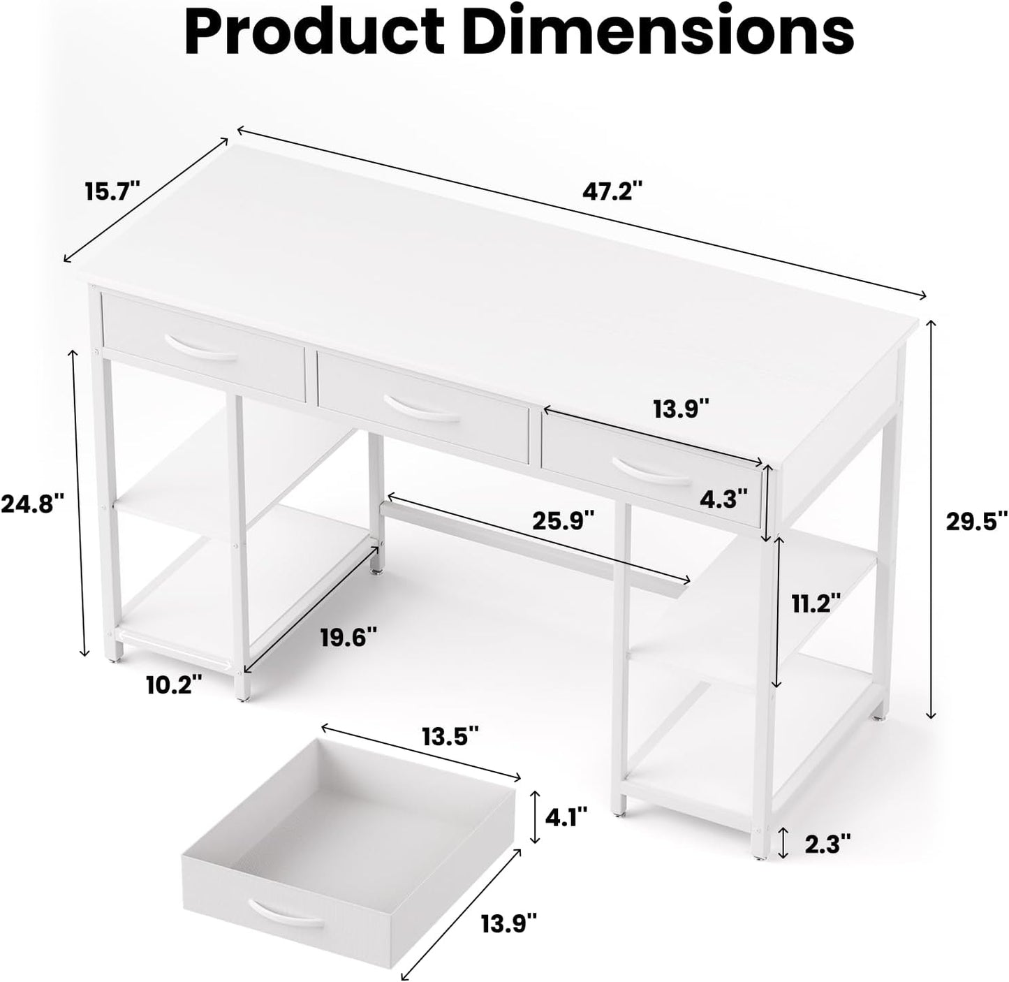 47-inch Computer Desk with 3 Drawers, Small Home Office Desk with Storage Shelves and Sturdy Metal Frame, White