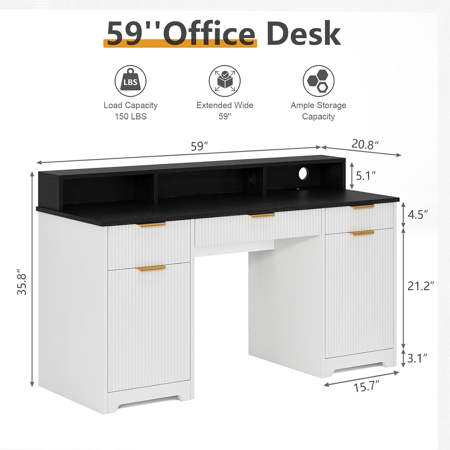 59" Executive Desk, Fluted Office Desk with Power Outlets Long Monitor Stand, Large Home Office Desks with 3 Drawers & 2 Storage Cabinet, Computer Writing Desk for Study Bedroom, White