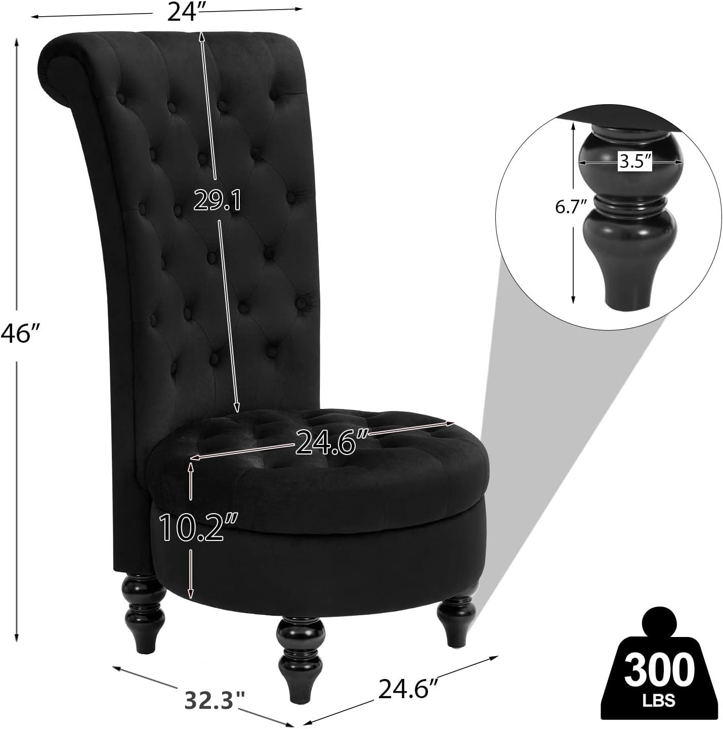 AVAWING Throne Royal Chair Set of 2 for Living Room, Button-Tufted Accent Armless High Back Chair with 24.6 Inch Larger Seat, Thick Padding and Rubberwood Legs, Mysterious Black