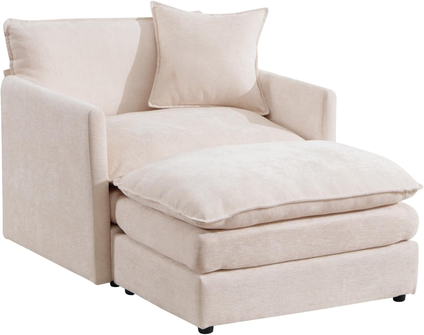 TTK Oversized Corduroy Chaise Lounge Chair with Ottoman - 46.9" Wide Modern Sleeper Sofa for Living Room, Bedroom & Office - Deep Seat Sectional Couch with Pillow, Comfortable Reading Chair, Beige