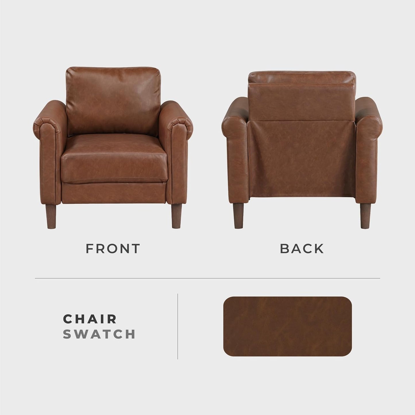 Lexicon 35" W Living Room Accent Chair, Faux Leather Upholstered Armchair with Rolled Arm for Bedroom/Office/Waiting Room, Single Sofa Chair, Chocolate