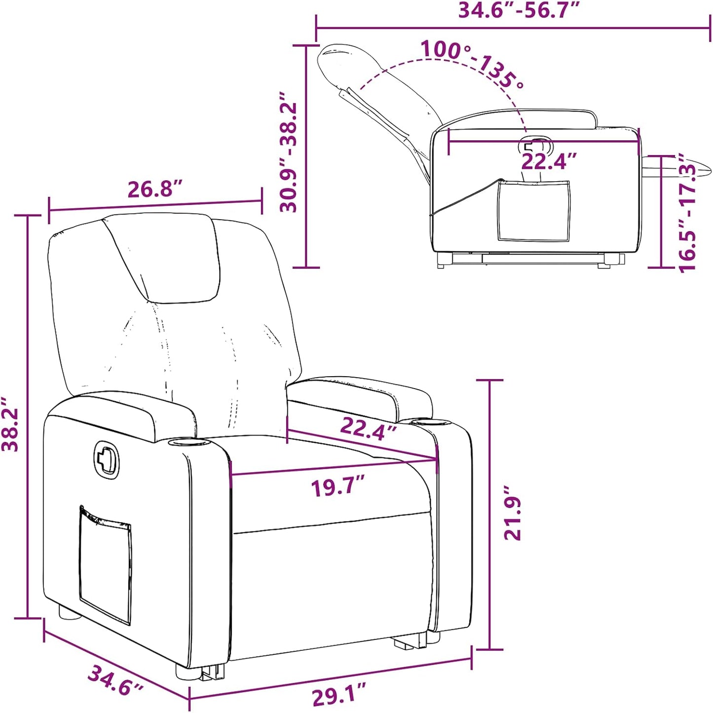 vidaXL Manual Recliner Chair for Living Room, Adjustable Recliner with Padded Seat & Backrest, Home Theater Seating with Side Pocket & Cup Holders, Cream Leather