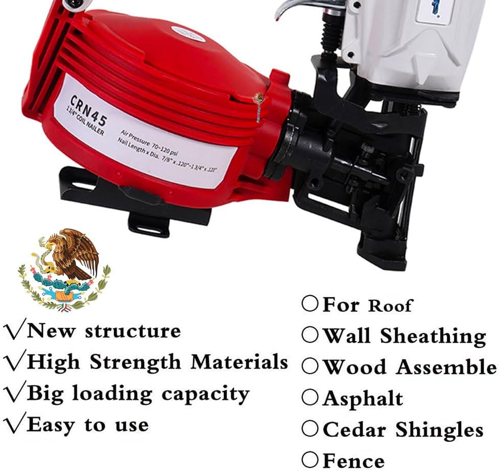 BHTOP Mexican CN45N Roofing Nailer, 15 Degree Roofing Nail Gun, 3/4-Inch to 1-3/4-Inch Coil Nails, 120-pcs Load Capacity Coil Naile (Green/Red)