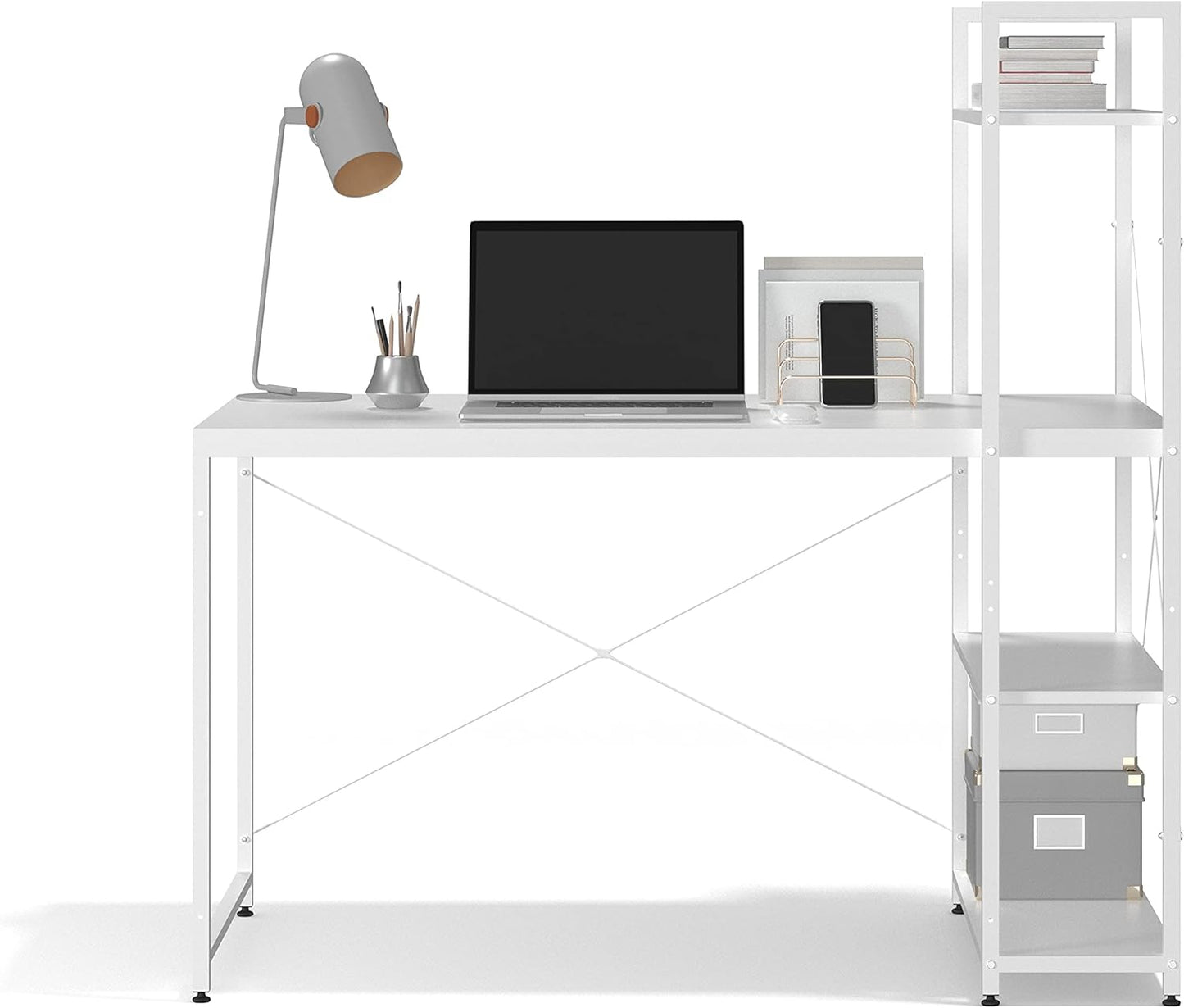 Ames 47" Reversible Gaming Computer Desk with Adjustable Shelves, Home Office Desk, Grommet Cable-Management, Leveler Feet, Easy Assembly, White/White