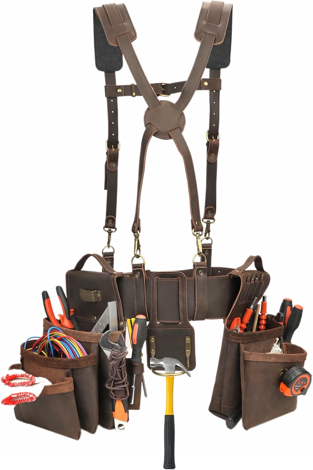 Tourbon Tool Belt with Suspenders Carpentry Multipurpose Rig Pockets Organizer Electrician Tools Pouch Holder Genuine Leather Bag for Construction Framers