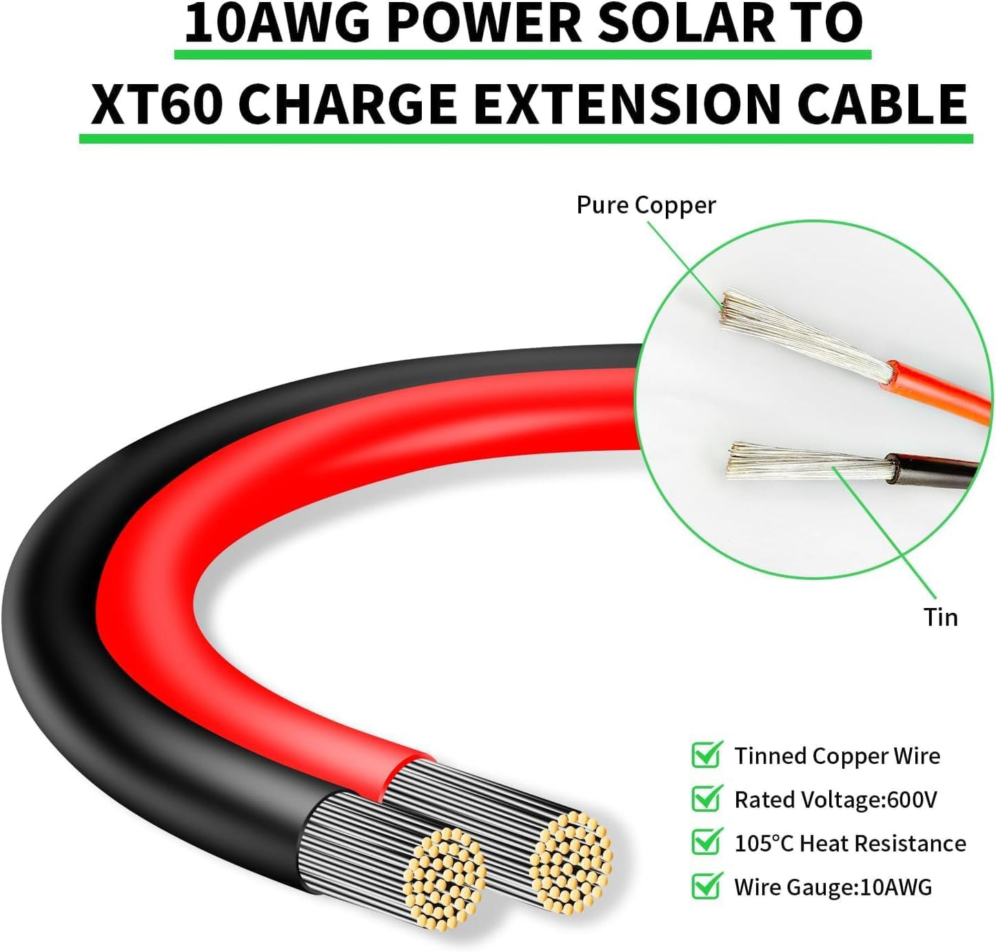 Ansoufien Solar Panel Connector to XT60 Connector Cable 30FT, 10AWG Solar to XT60 Charge Extension Cable XT60 (Plug Female) Cable for RV Folding Solar Panel, Portable Power Station, Solar Generator