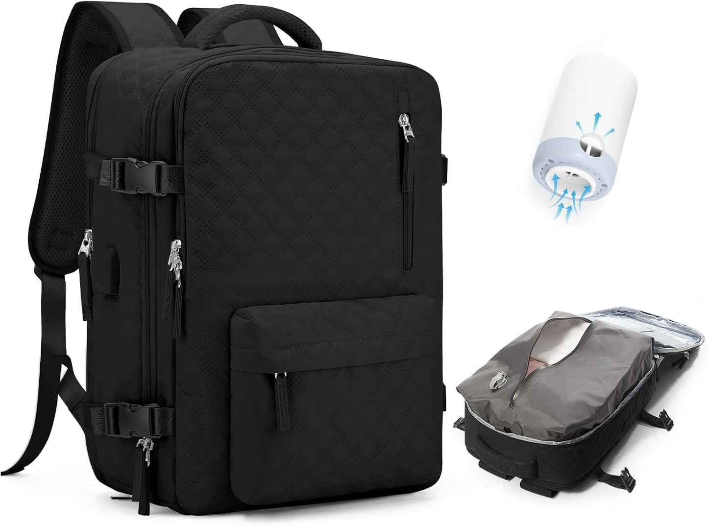 Vacuum Seal Travel Backpack with Air Pump Compression Vacpack Waterproof Carry On Backpack for Travel Women men with Vacuum System Laptop Airlines Approved Daypack Space Saver Bags Black