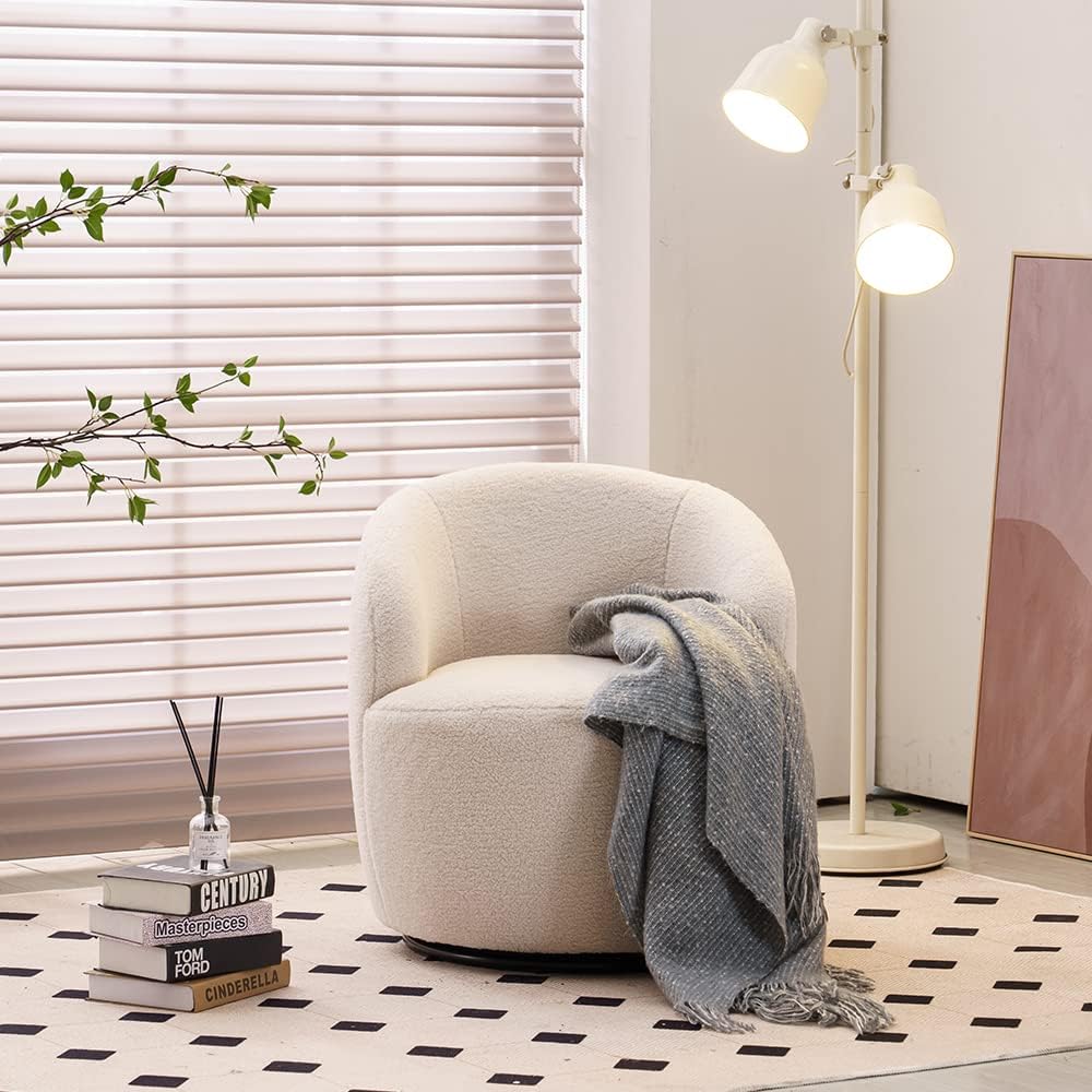 Antetek 2 Units Swivel Chair, Round Accent Sofa Chair, Club 360 Degree Swivel Barrel Chair, Modern Teddy Farbic Leisure Arm Chair for Nursery, Living Room, Hotel, Bedroom, Office, Lounge, Ivory
