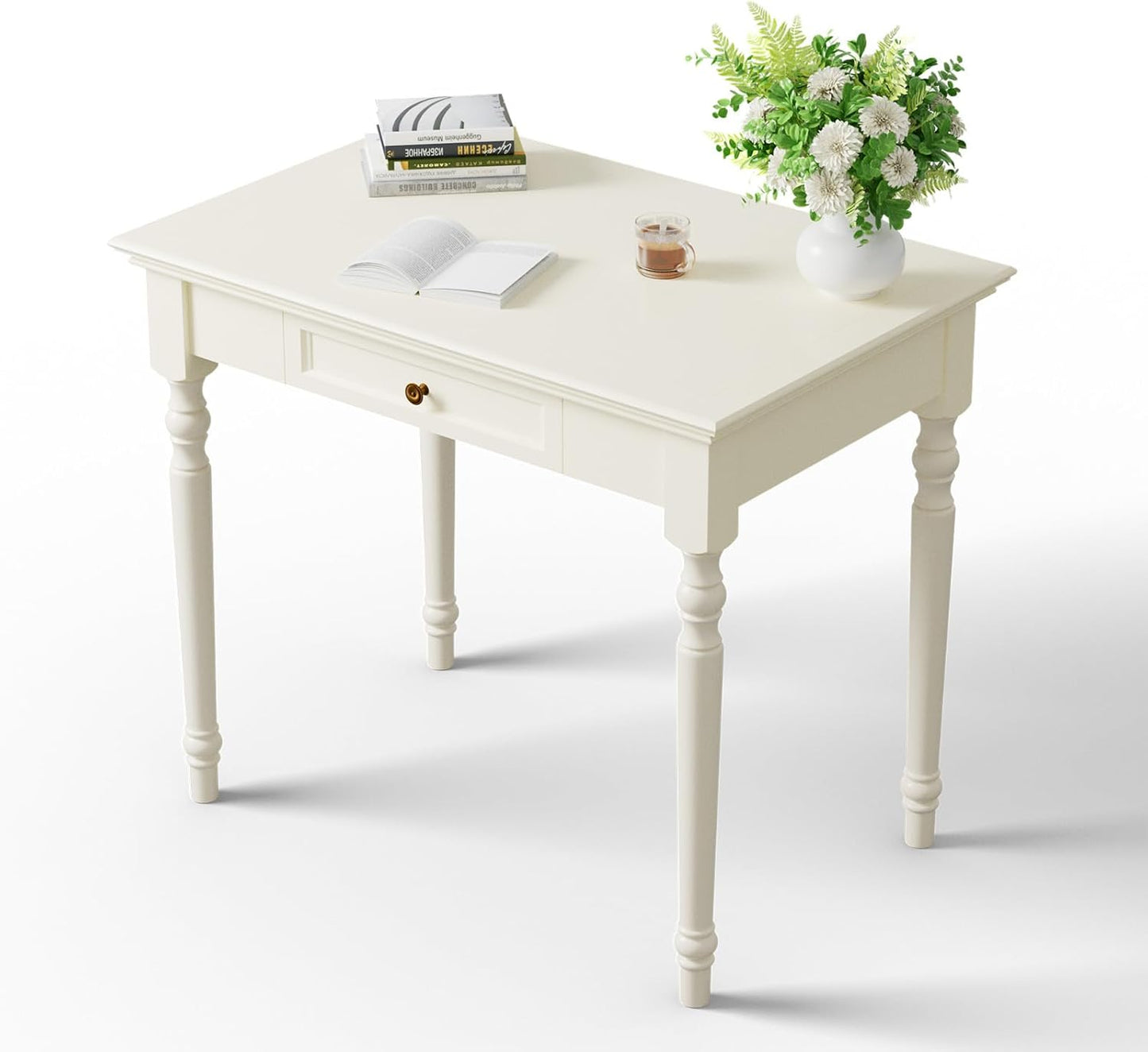 ADORZ White Desk with Drawers, 47 Inch Home Office Desks Solid Wood Writing Desk for Home Office, Study Workspace or Bedroom