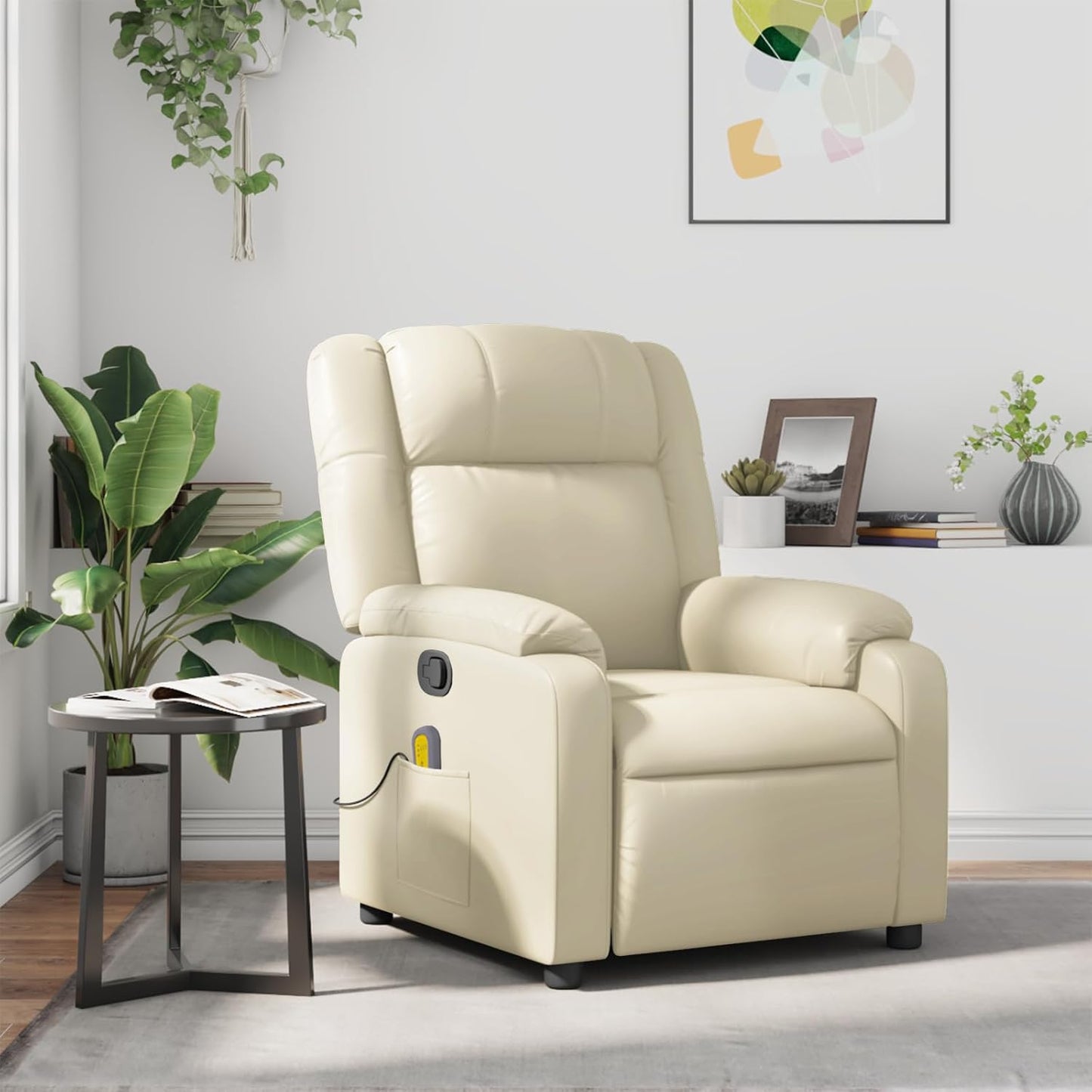 vidaXL Massage Recliner Chair for Living Room, Adjustable Recliner with 6-Point Vibration Massage, Home Theater Seating with Padded Seat Backrest & Side Pocket, Cream Leather