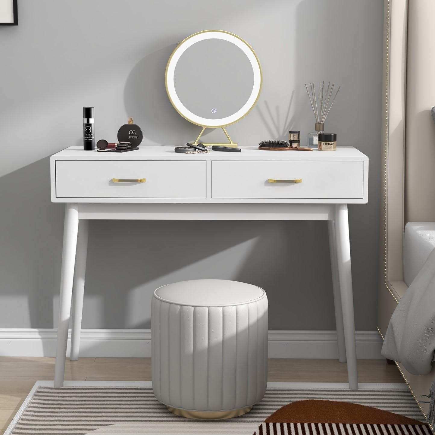 Black Small Writing Desk with Drawers, 40 Inch Writing Desk for Home Office, Vanity Desk with Solid Wood Leg for Small Spaces