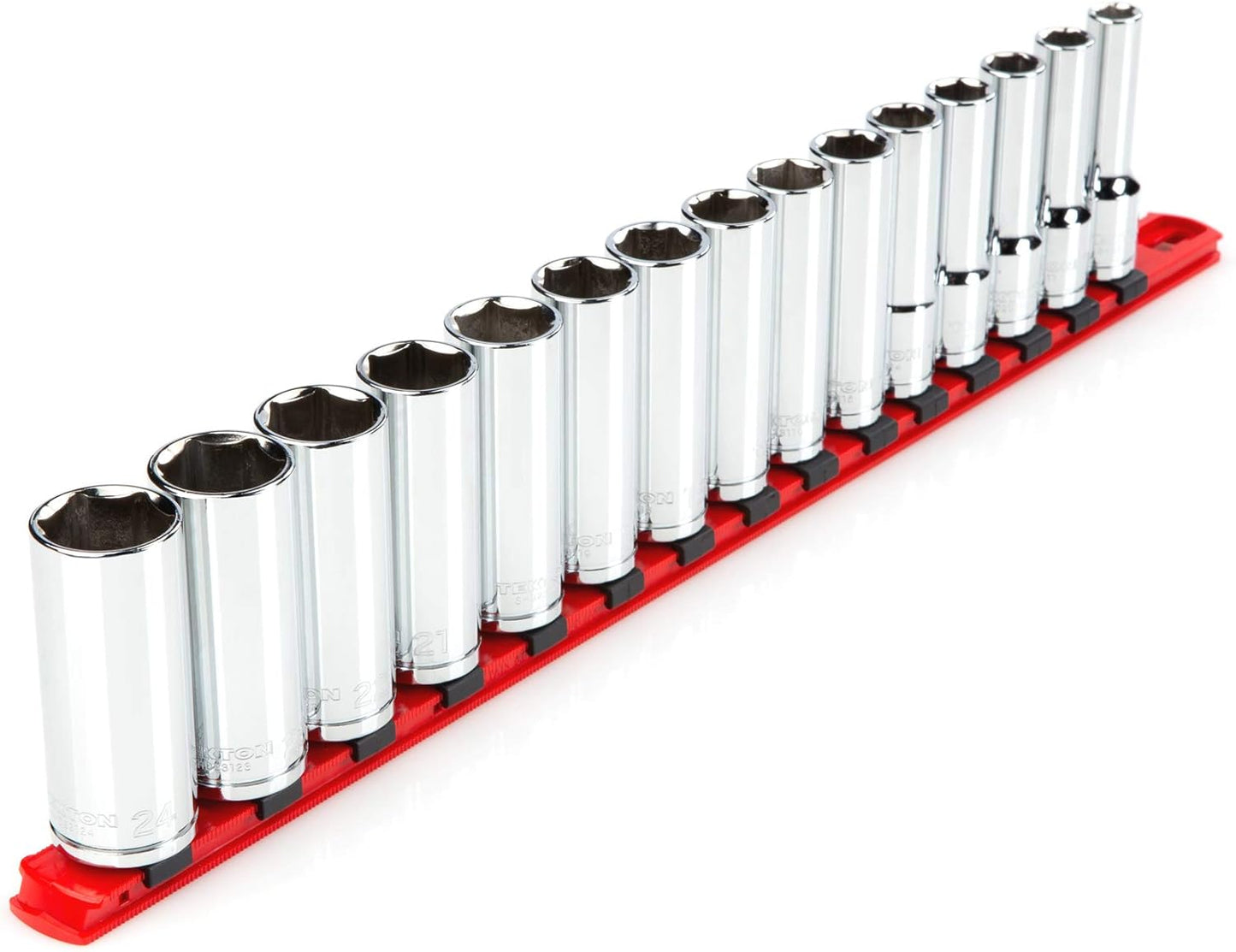 TEKTON 1/2 Inch Drive 6-Point Socket Set with Rail, 15-Piece (10-24 mm) | SHD92102