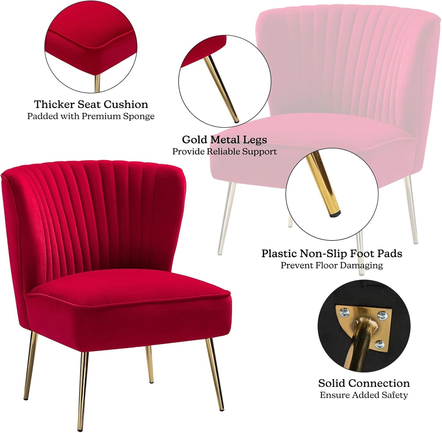 TINA'S HOME Velvet Accent Chair Set of 2 with Metal Golden Legs, Upholstered Armless Slipper Chair with Wingback, Mid Century Side Chair for Living Room Bedroom Makeup Vanity- Red