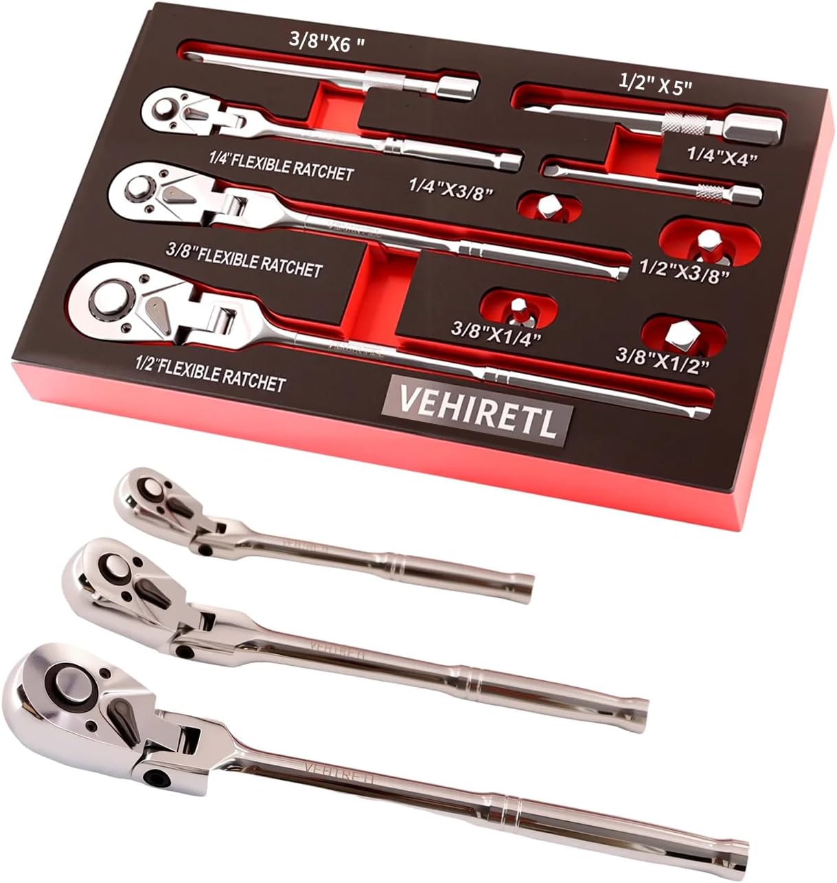10 Piece Flex Head Ratchet Set, 1/4", 3/8" and 1/2" Drive Swivel Head Ratchet Wrench with Extension Bar and 4pc Adapter, 72-Tooth Flexible Wrench Handle with Quick-Release Reversible Design