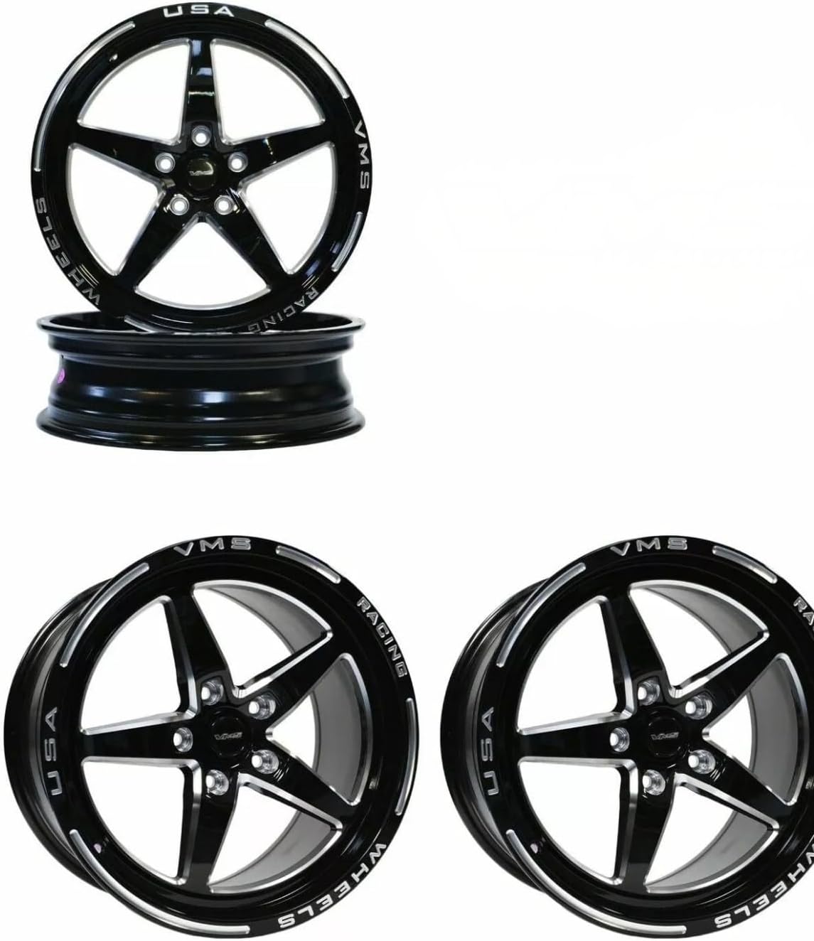 VMS Racing V-Star Drag Pack Wheels, 17x10 in Front and 18x5 in Rear, 5x120 Bolt Pattern, Gloss Black