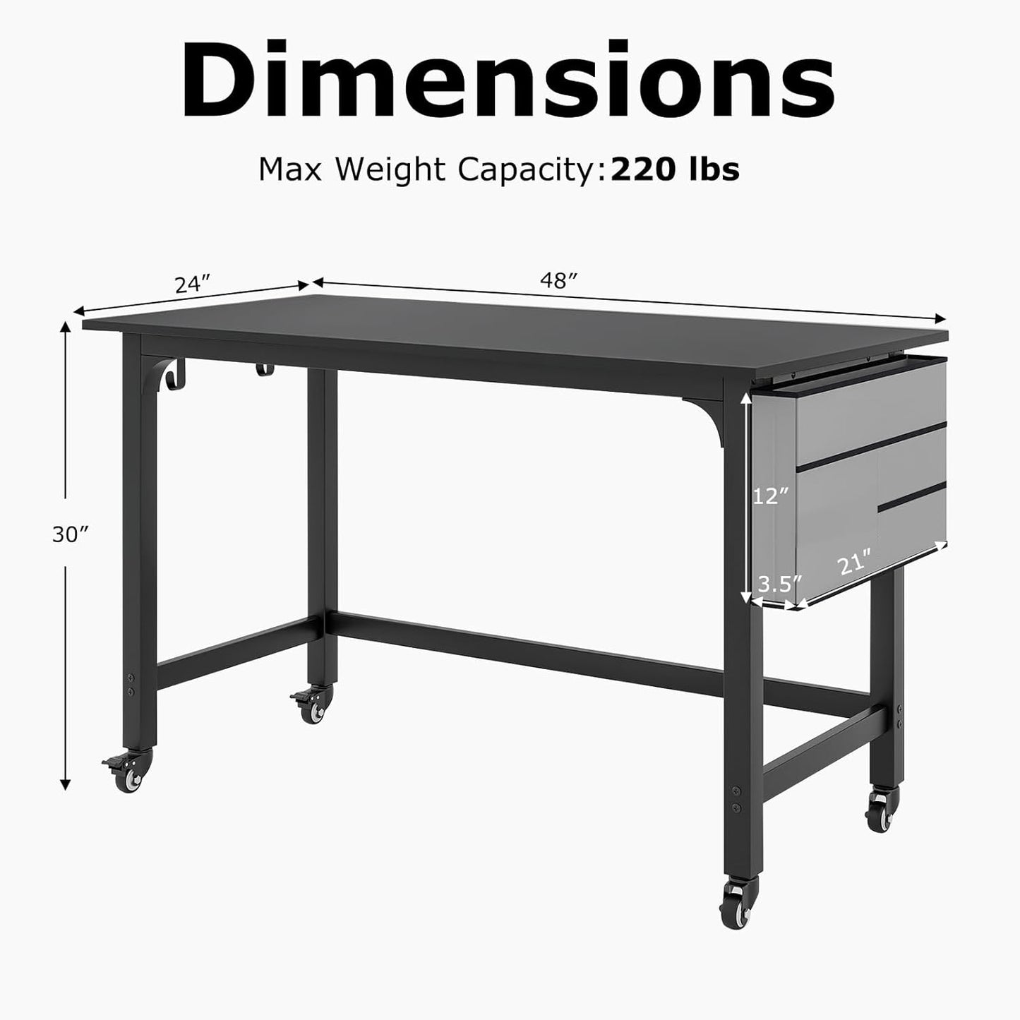 Tangkula 48” Mobile Computer Desk with Storage Bag & 2 Hanging Hooks, Rolling Home Office Writing Study Desk, Rolling PC Workstation with Lockable Universal Casters for Study Room, Bedroom