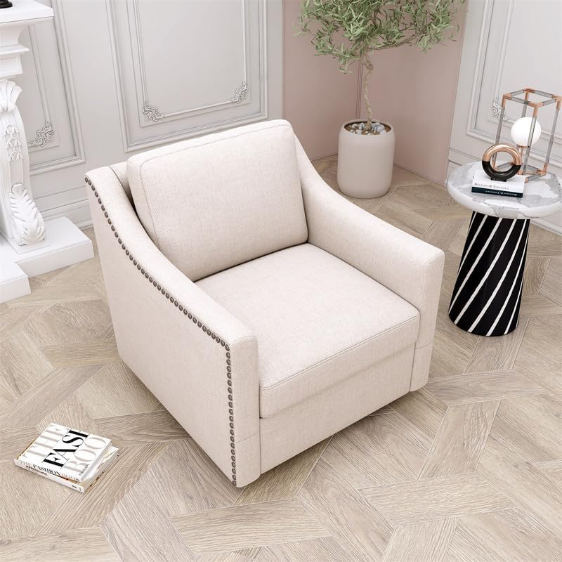 Swivel Accent Chair Armchair, 360° Swivel Chair in Cotton Linen, Living Room Chairs with Wide Cusion and Curved Armrest, Comfy Barrel Sofa Reading Chairs for Bedroom, Small Spaces, Office, Green