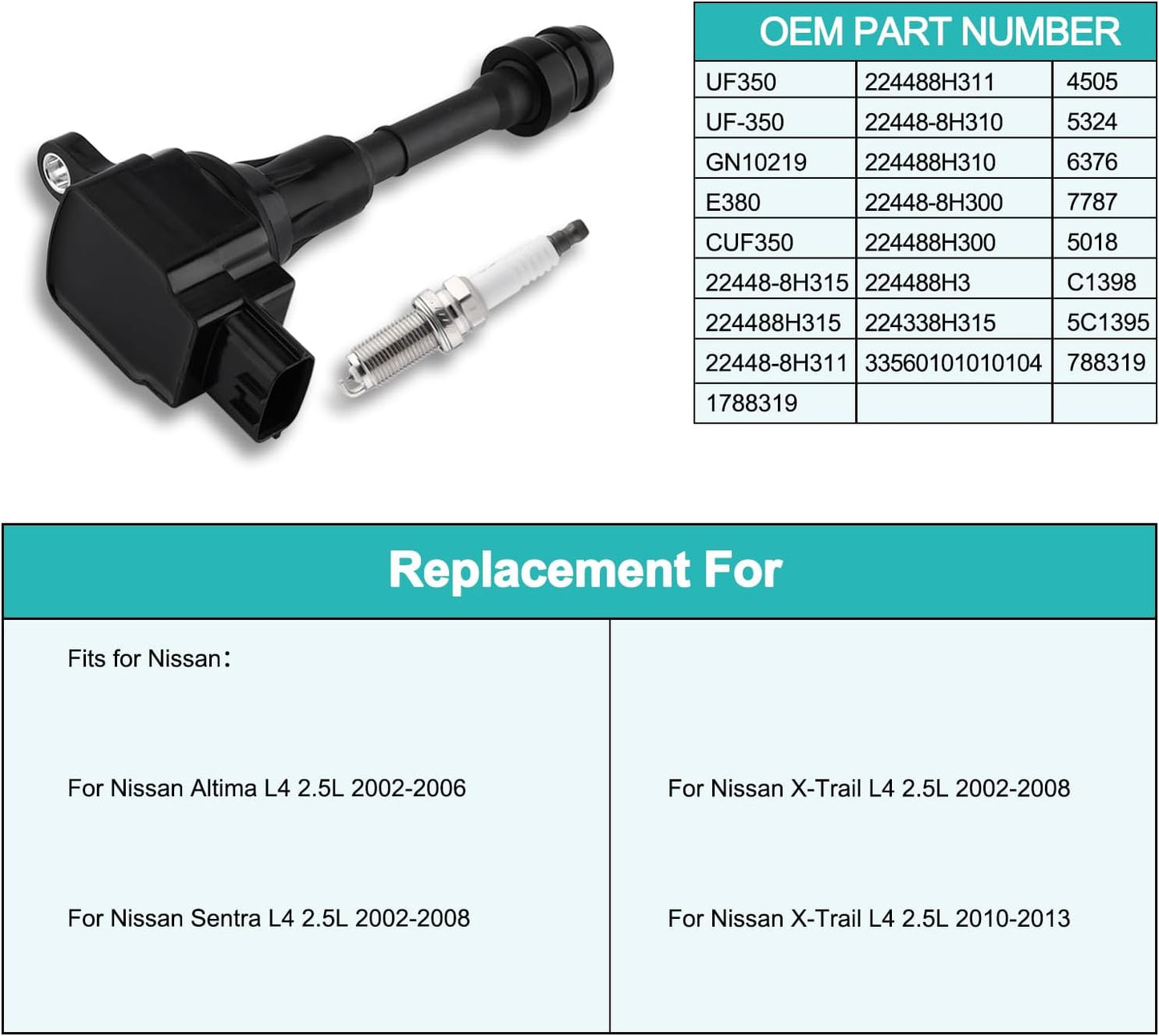 Set of 4 UF350 Ignition Coil Pack/4505 Spark Plugs(2.5L L4 Only) For Nissan Altima 2002 2003 2004 2005 2006,Sentra X-Trail 2002 2003 2004 2005 2006 2007 2008,X-Trail 2010 2011 2012 2013 224488H315