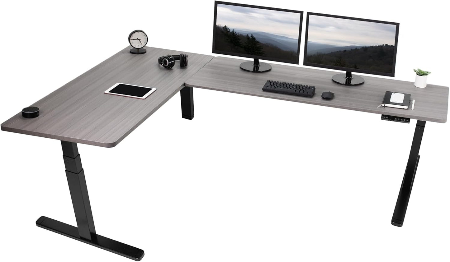 VIVO Electric Height Adjustable 83 x 60 inch Corner Stand Up Desk, 2 Light Wood Solid Table Tops, White Frame, Memory Controller, L-Shaped Workstation, 3E Series, DESK-KIT-3E8C