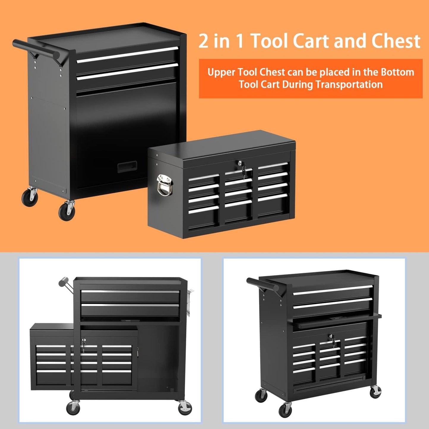 8-Drawer High Capacity Rolling Tool Chest, Removable Cabinet Storage Tool Box with Wheels and Drawers, Detachable Toolbox with Lock for Workshop Mechanics Garage (Black)