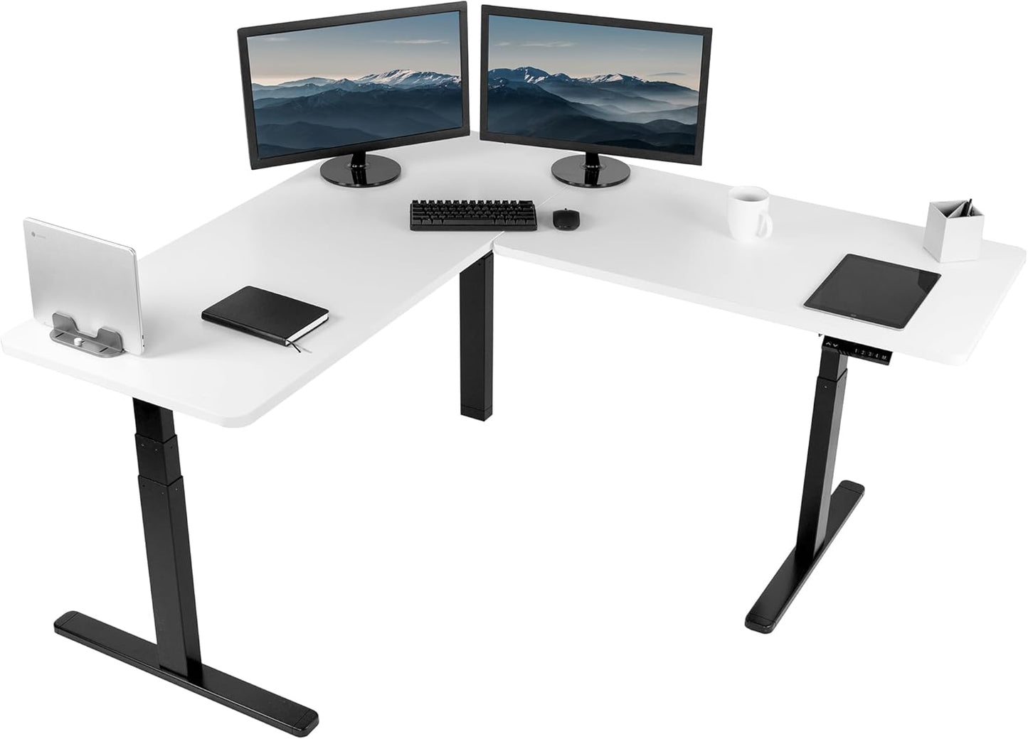 VIVO Electric Height Adjustable 83 x 60 inch Corner Stand Up Desk, 2 Light Wood Solid Table Tops, White Frame, Memory Controller, L-Shaped Workstation, 3E Series, DESK-KIT-3E8C
