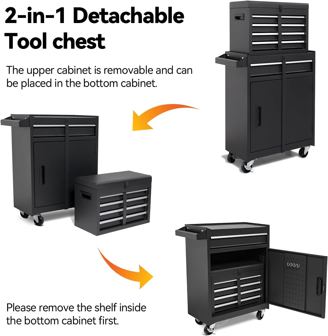 5-Drawer Rolling Tool Chest, High Capacity, Adjustable Shelf, Lockable Drawers, Detachable 2 in 1 Mechanic Tool Box Storage Cabinet with Wheels for Garage Workshop Warehouse Repair Shop