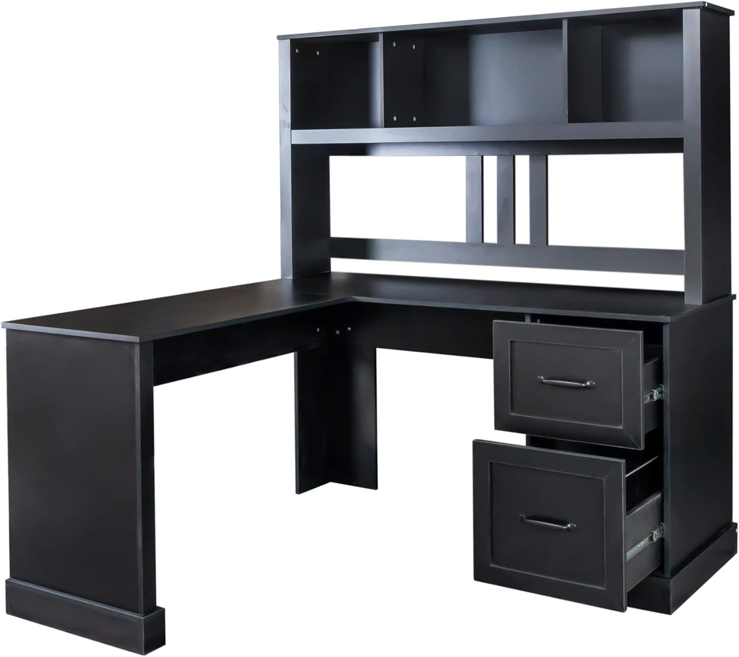 Bellemave L Shaped Desk with Hutch Wood Corner Computer Desk with Storage Drawers and Shelf Modern Home Office Desks L-Shaped Study Table Writing Desk Gaming Desk, Black