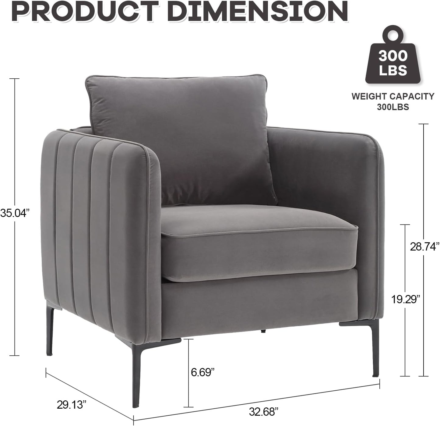 Accent Chair Set of 2 for Living Room, Velvet Comfy Single Sofa Chair Mid-Century Modern Armchair with 1 Pillow and Metal Legs for Bedroom Office Reading (Gray)