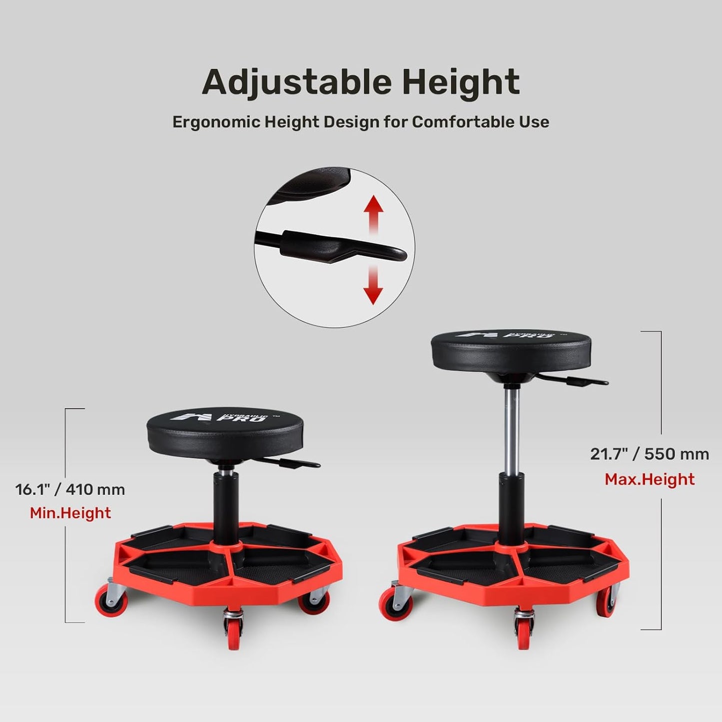 Adjustable Height Rolling Mechanic Stool, 300 LBS Garage Chair on Wheels, Rolling Workshop Stool with Cushioned Seat and Tool Trays, Ideal for Garage, Workshop, and Auto Repair