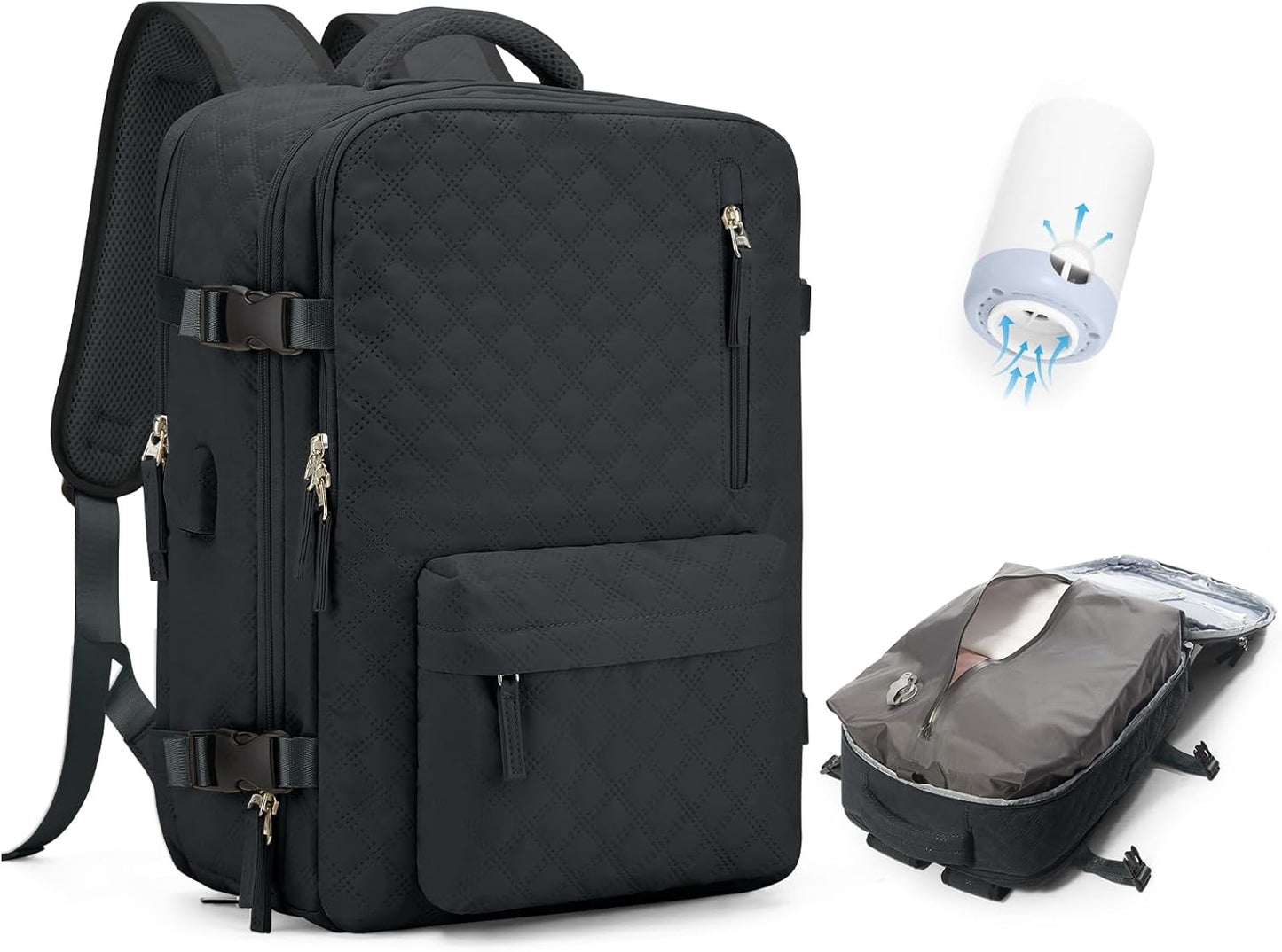 Vacuum Seal Travel Backpack with Air Pump Compression Vacpack Waterproof Carry On Backpack for Travel Women men with Vacuum System Laptop Airlines Approved Daypack Space Saver Bags Black