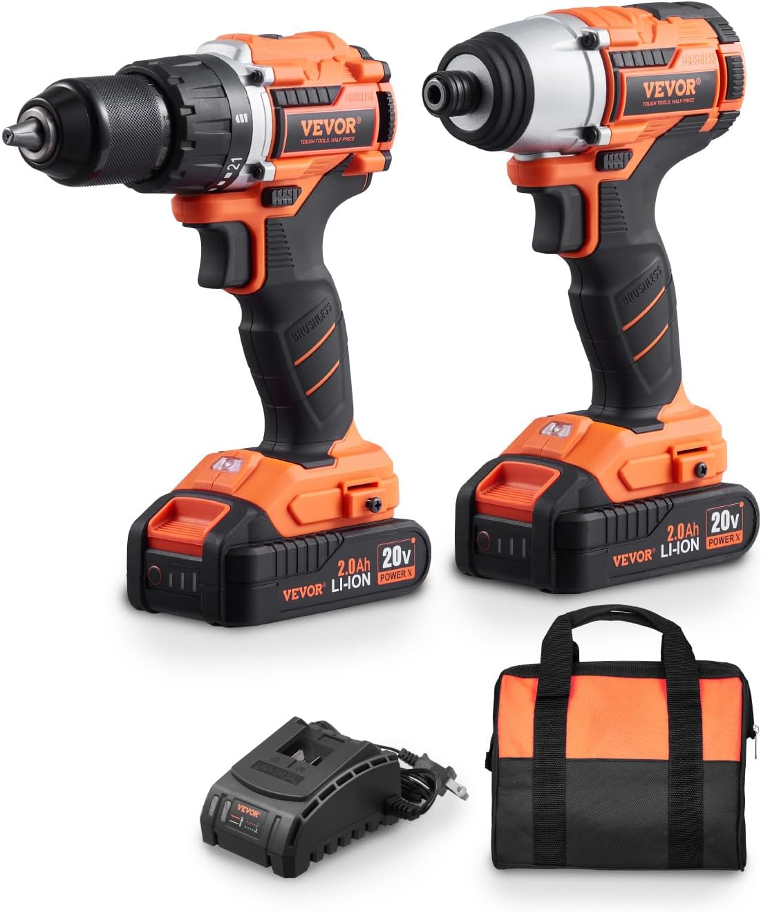 VEVOR Tool Combo Kit, 20V Brushless 5-Tool Combo Kit, Cordless Power, Cordless Drill and Impact Driver, with 4.0 Ah Batteries, Charger, Reciprocating Saw, Circular Saw, and Work Light