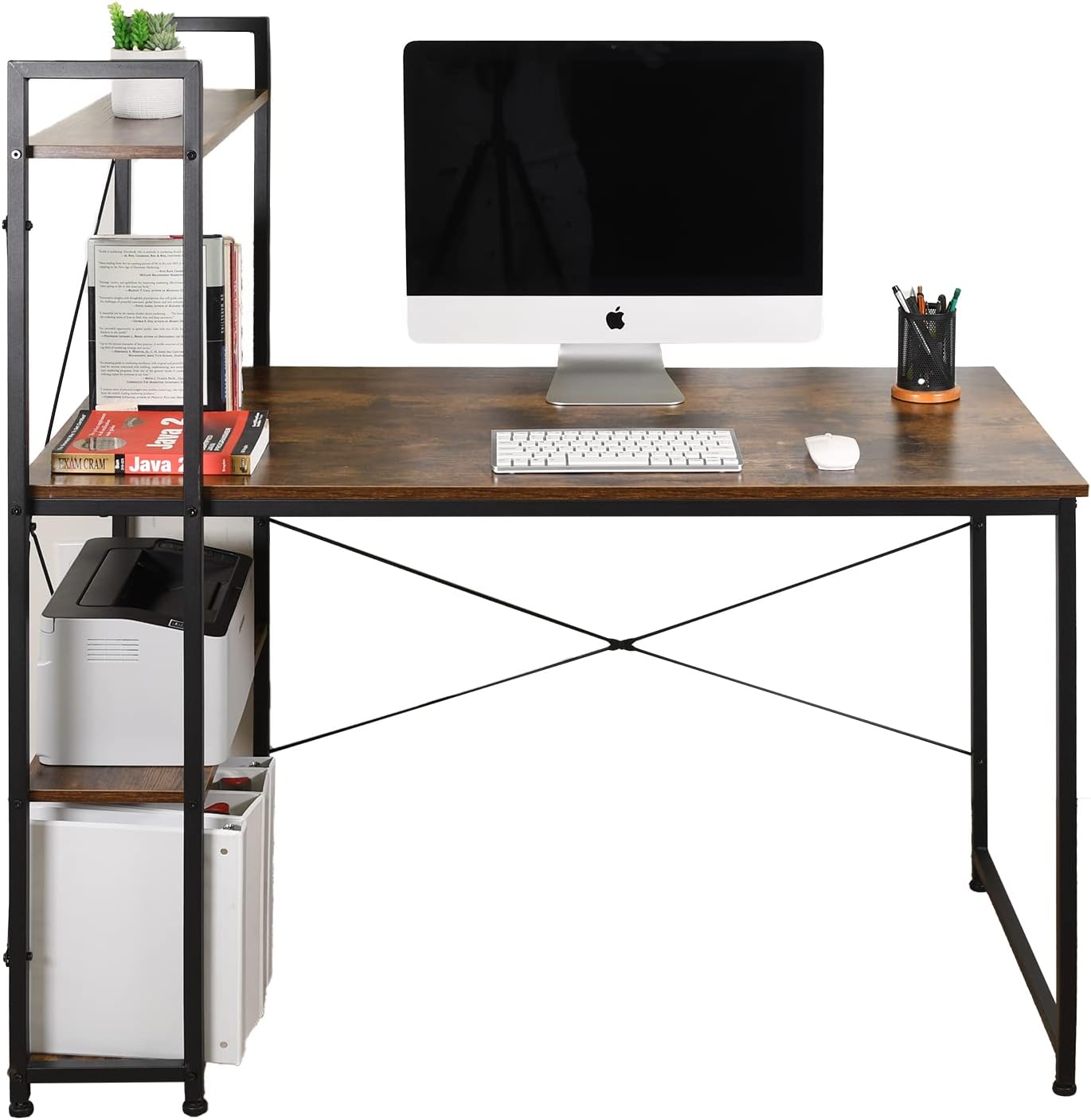 AEONS Computer Study Desk with Storage Shelves, Home Office Desk with Reversible Bookshelf Study Writing Table Corner Desk 47”, Wood & Metal, Space-Saving