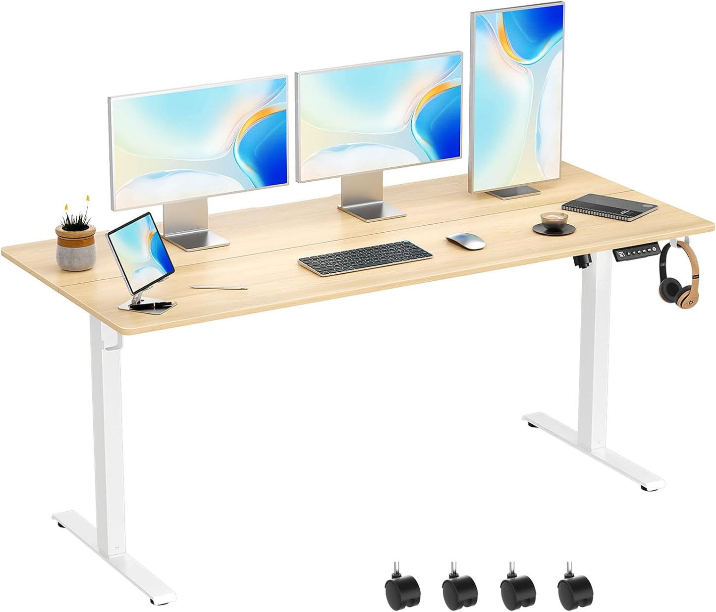 63 x 28 Inch Electric Standing Desk Adjustable Height,Sit Stand Up Desk with Wheels,Home Office,Rising Desk,Computer Workstation, Gaming Work (Spliced Desktop,White)
