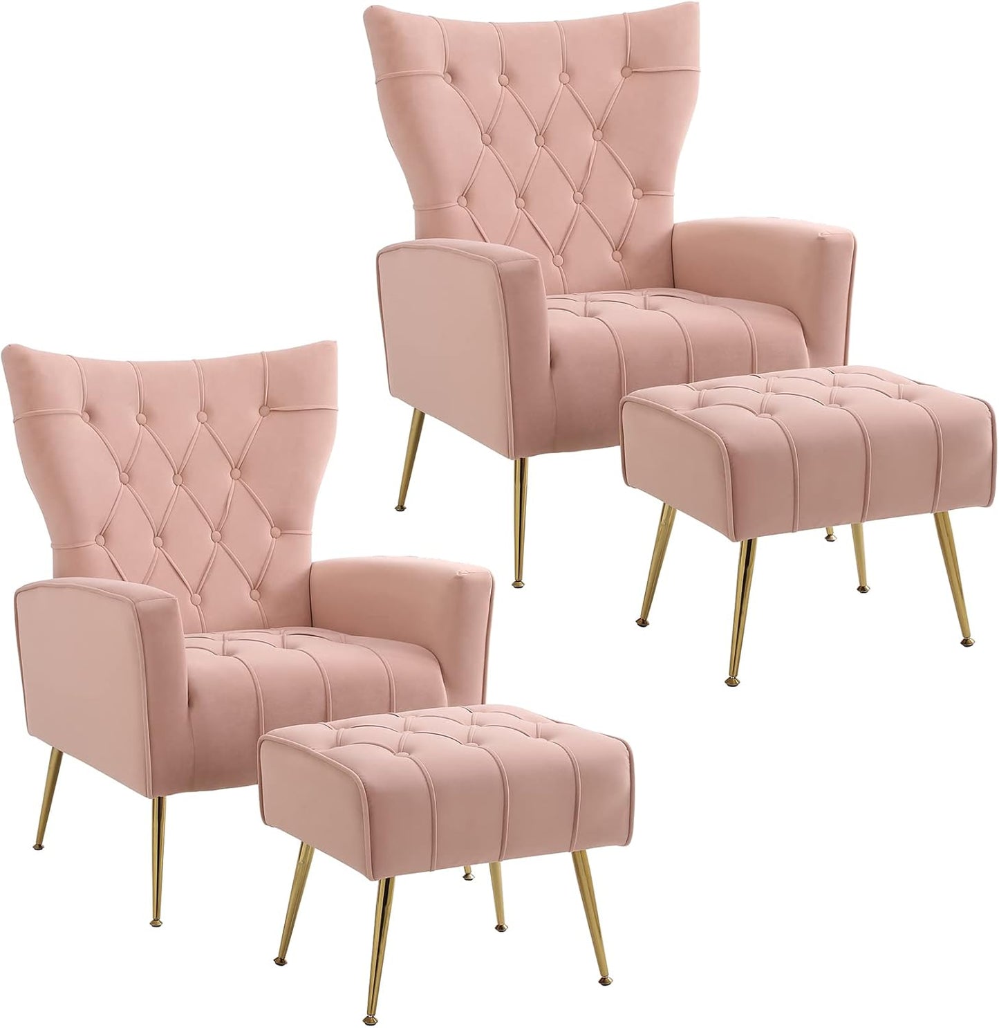 Accent Chair with Ottoman Set of 2, Comfy Chair and Ottoman Set, Upholstered Tufted Lounge Chair with Wide Seat Footrest, Reading Armchair for Living Room Bedroom, Beige,Velvet