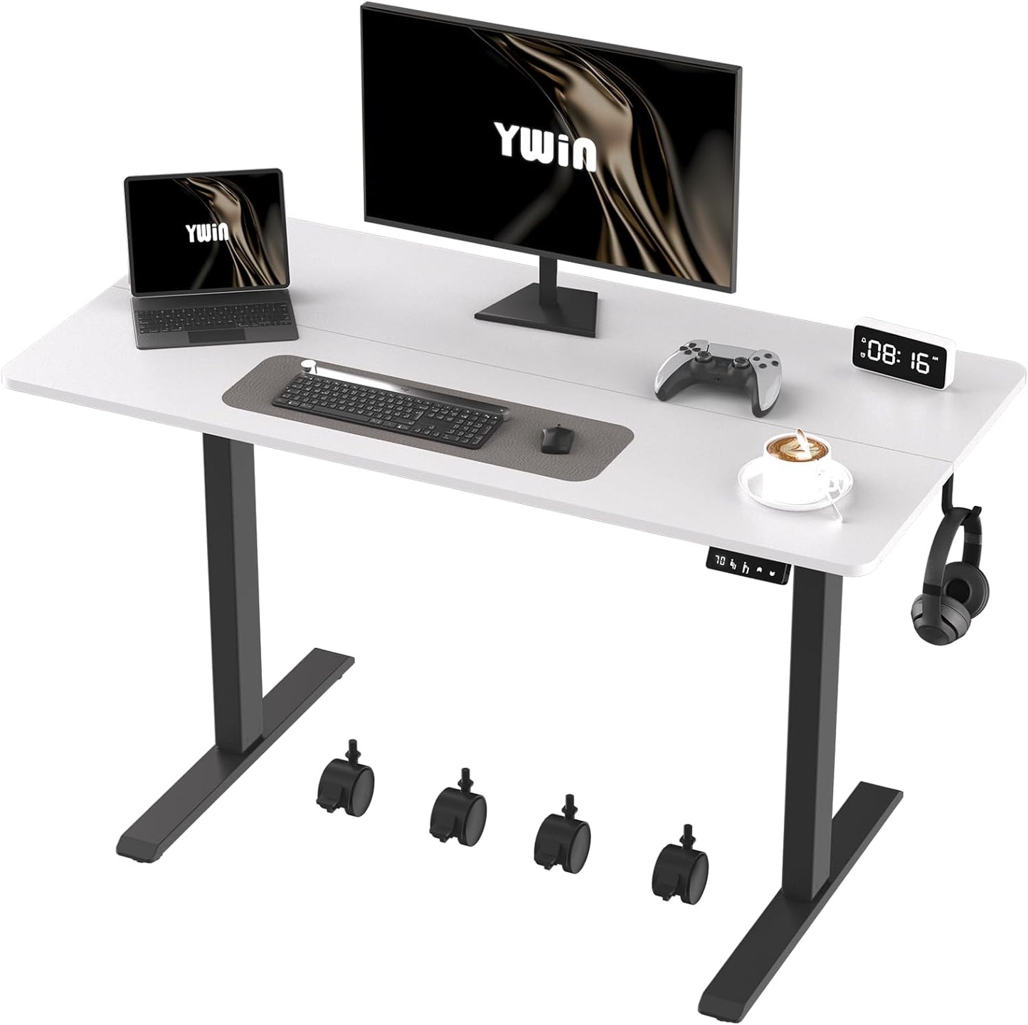 Ywin Electric Height Adjustable Standing Desk, 55 x 24 inches Sit Stand Desk with Wheels, Ergonomic Stand Up Desk for Home Office