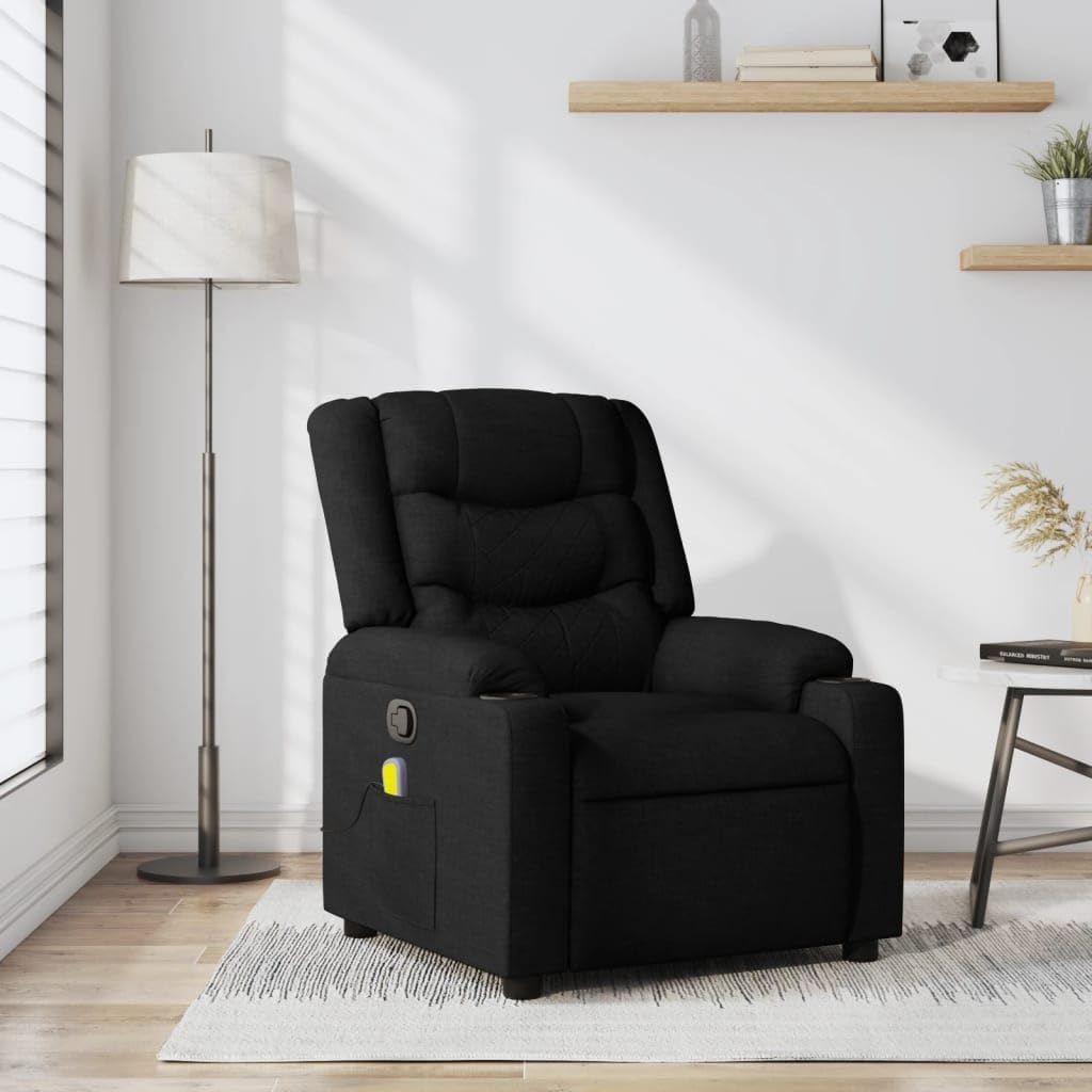 vidaXL Black Fabric Massage Recliner Chair - Manual Reclining, Vibration Massage, Cup Holders for Comfort in Living Room/Lounge