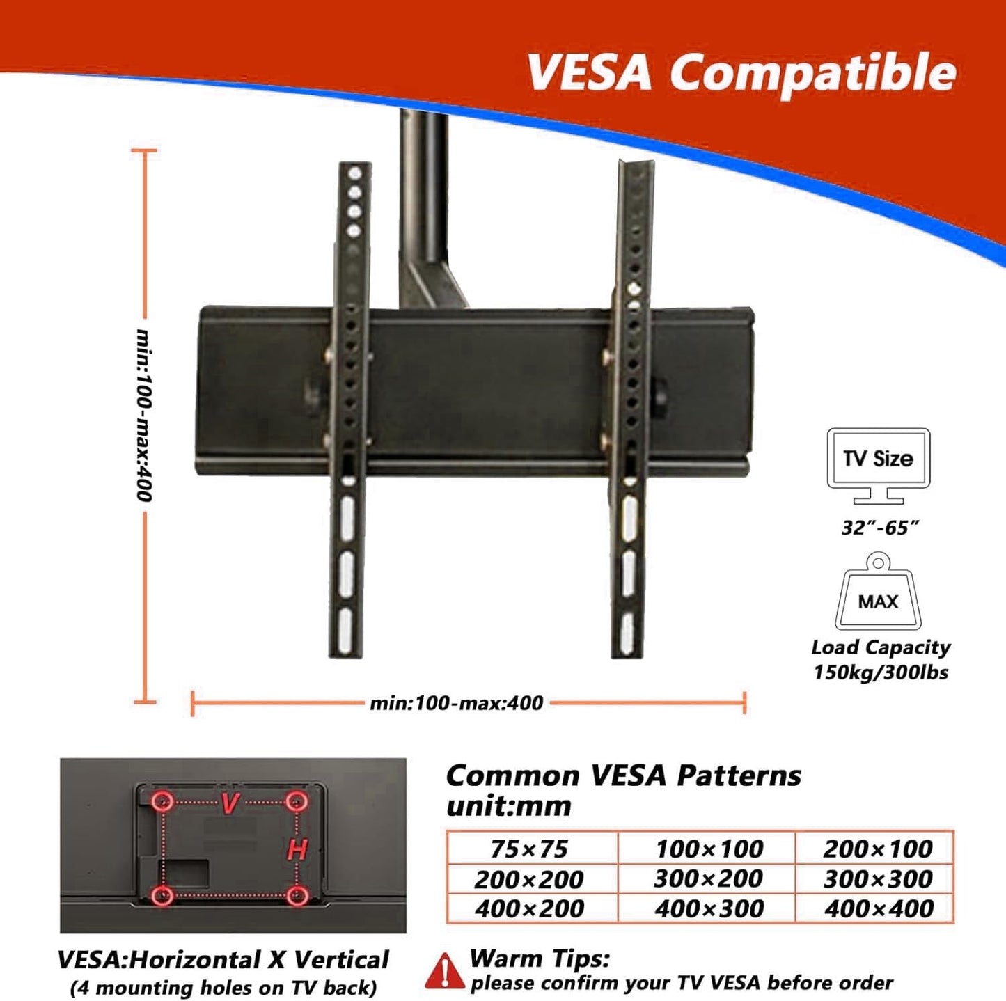 4 Sided Ceiling TV Mount Bracket - TV Wall Mount, 360 Degree Rotating Telescopic TV Lift, Height Adjustment TV Mount, 4-Way Moving Flat/Curved Screen Bracket