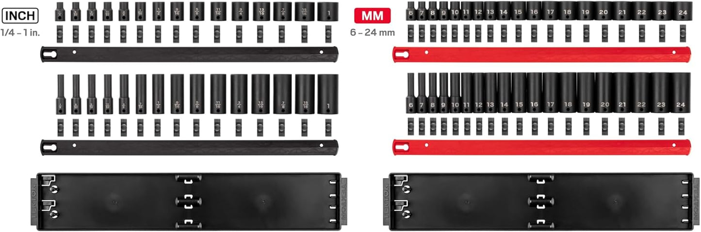 TEKTON 3/8 Inch Drive 12-Point Impact Socket Set with Rails, 68-Piece (1/4-1 in., 6-24 mm) | SID91219