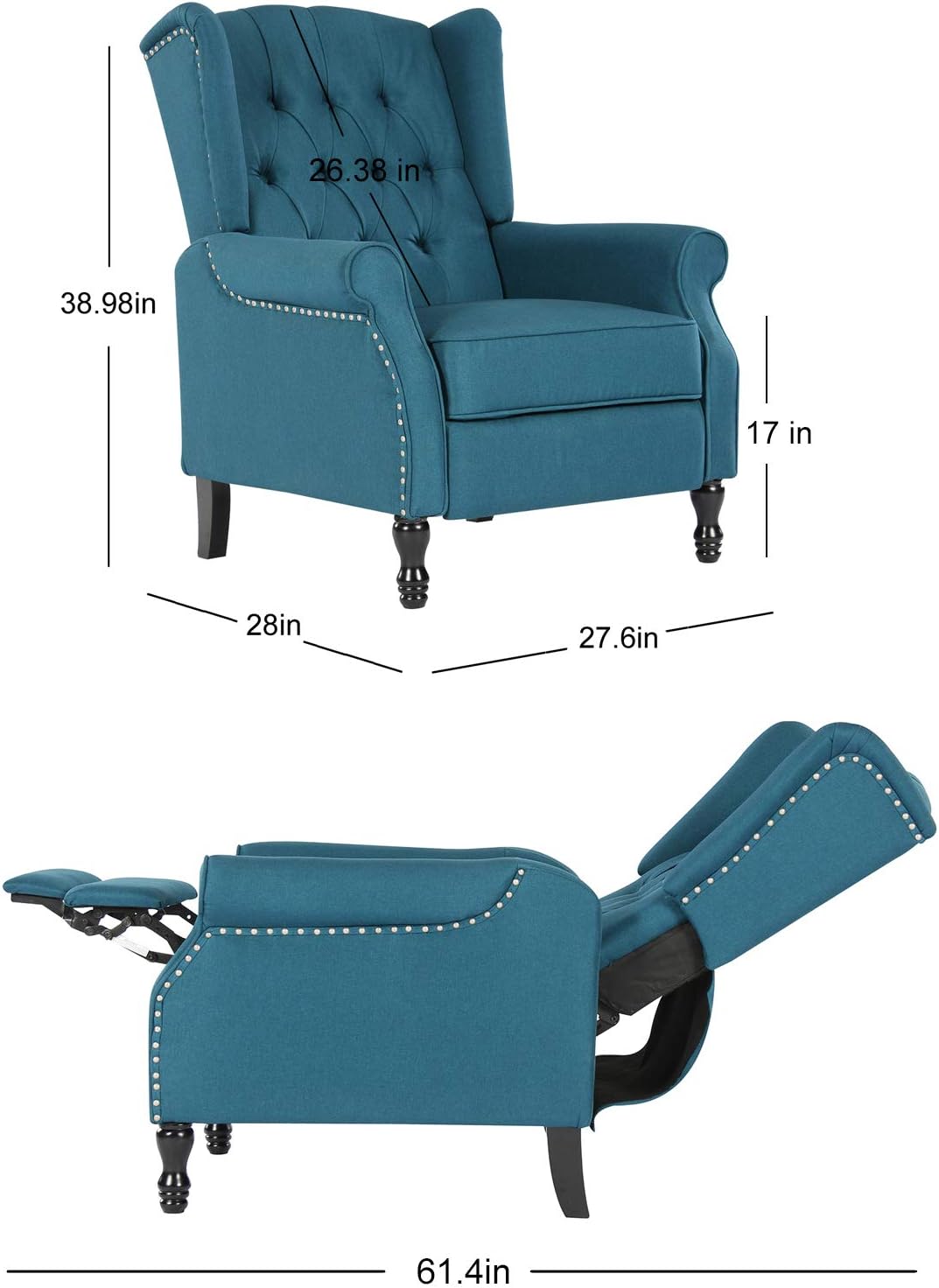 Artechworks Tufted Fabric Push Back Arm Chair Recliner Modern Single Reclining for Adjustable Club Chair Home Theater Padded Seat Living Room Lounge Sofa Blue