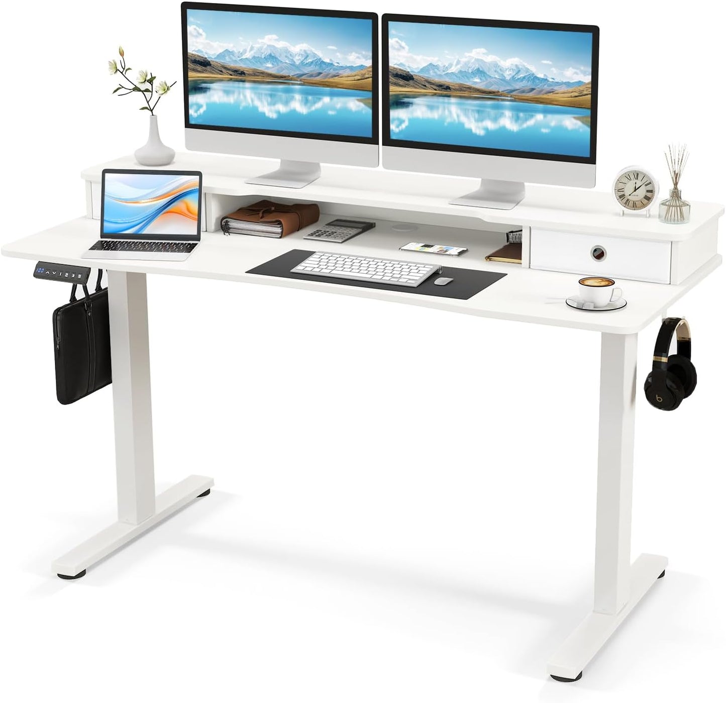 Tangkula 63" x 24" Standing Desk with Drawers, Electric Stand-up Desk with Monitor Stand, Side Hooks, 3 Memory Heights, Anti-Collision Design, Height Adjustable Sit Stand Desk for Home Office