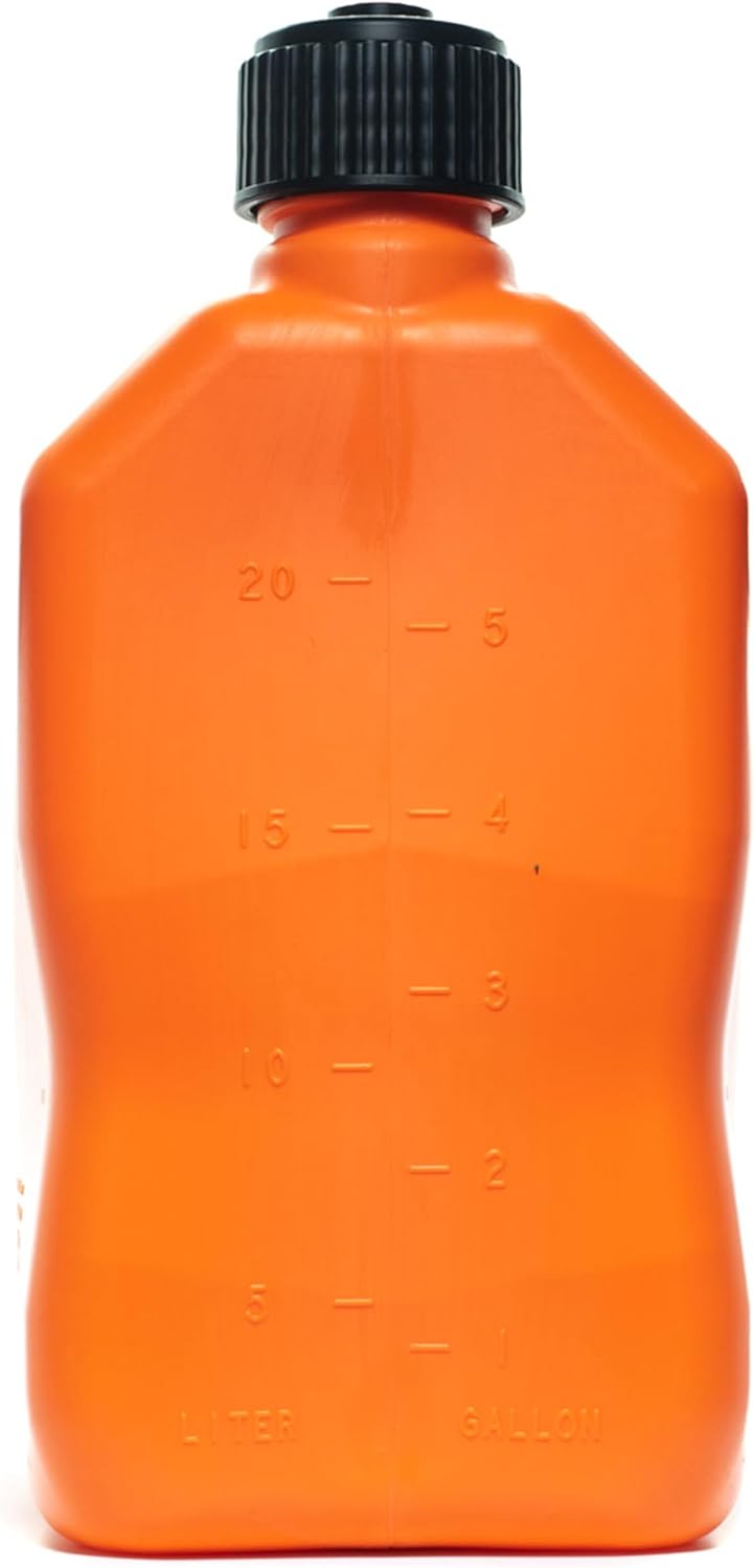 VP Racing Fuels 5 Gallon Square Motorsport Utility Jug Orange w/ 14 Inch Standard Hose. Features Close-Trimmed Cap and Neck for Tight Seal