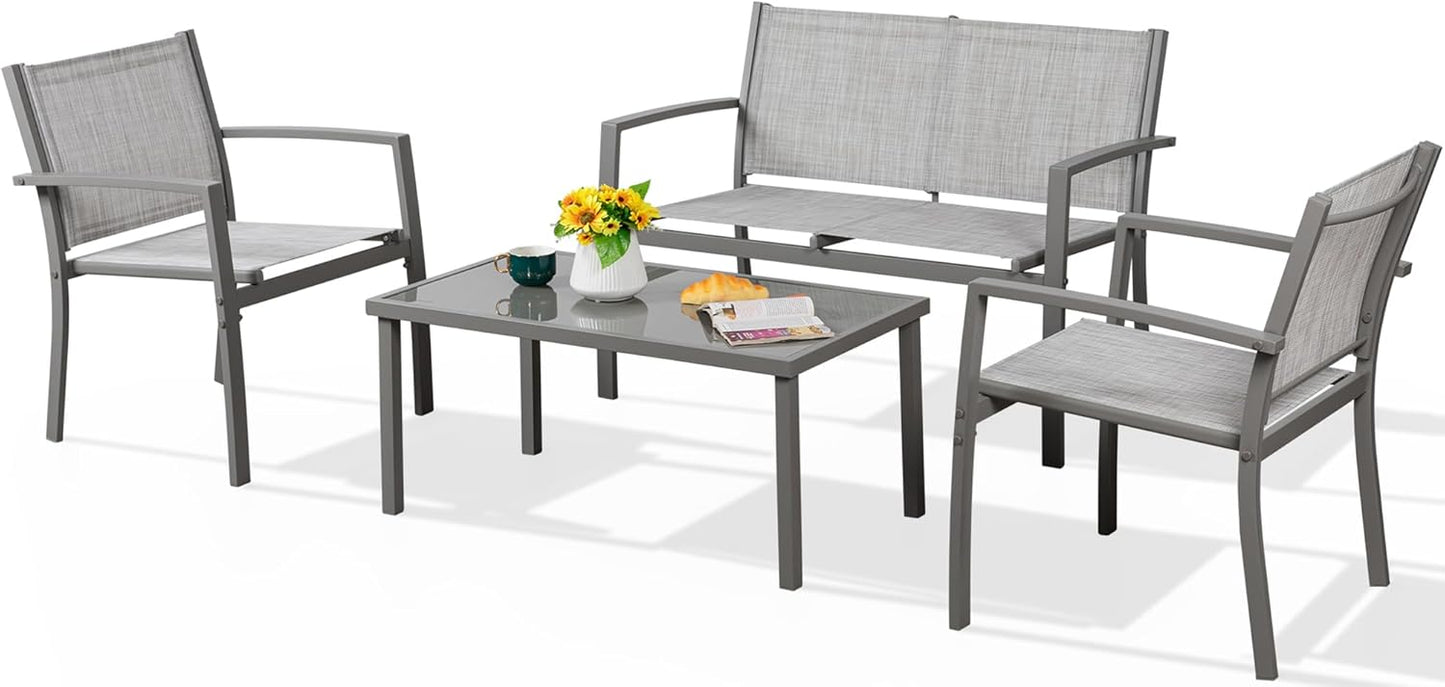 Shintenchi 4 Pieces Patio Furniture Set All Weather Textile Fabric Outdoor Conversation Set, with Glass Coffee Table, Loveseat, 2 Single Chairs for Home, Garden, Lawn, Porch(Silver)