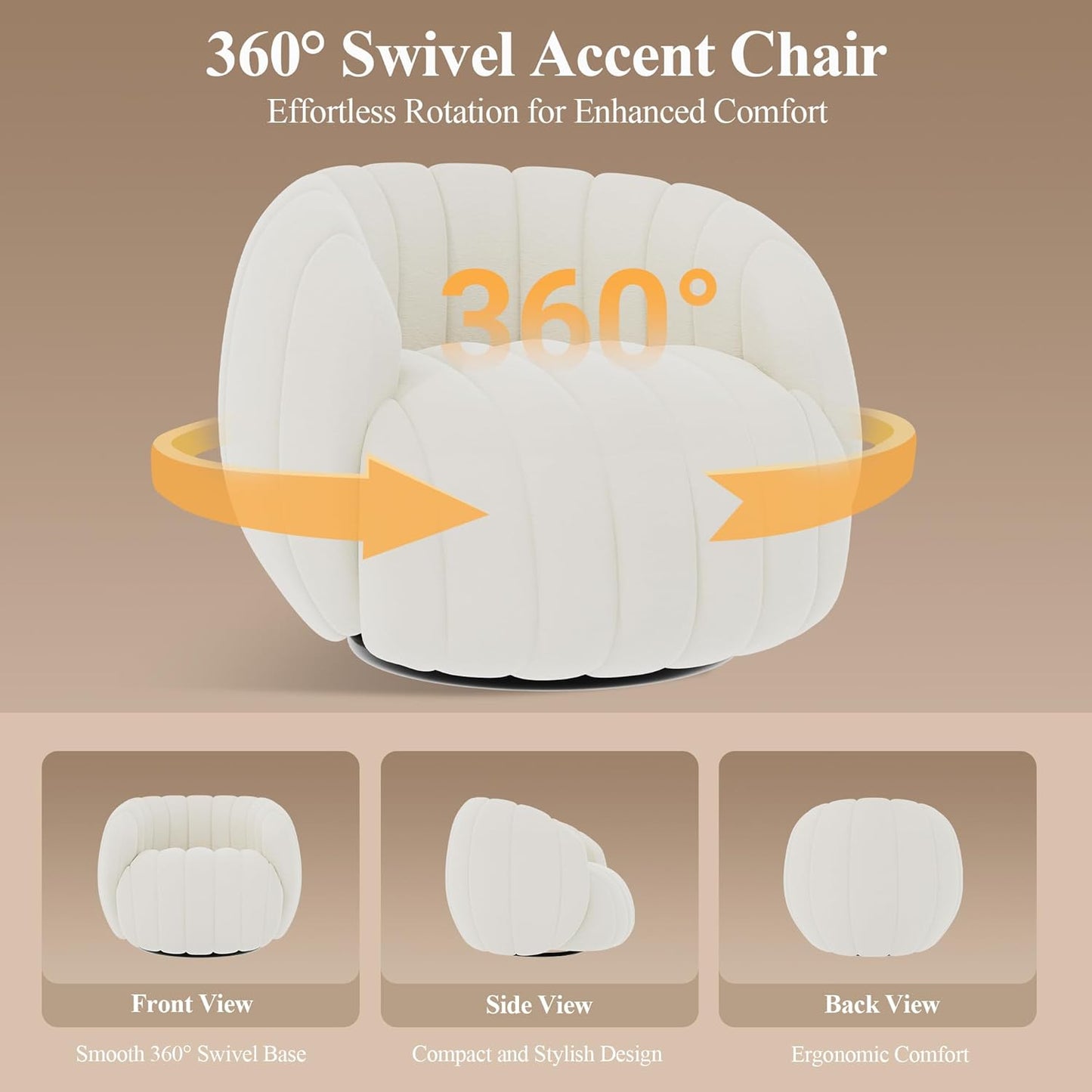 360° Swivel Accent Chair, Velvet Armchair with Lumbar Support, Modern Reading Chair for Living Room, Bedroom, or Office,Beige,1pc