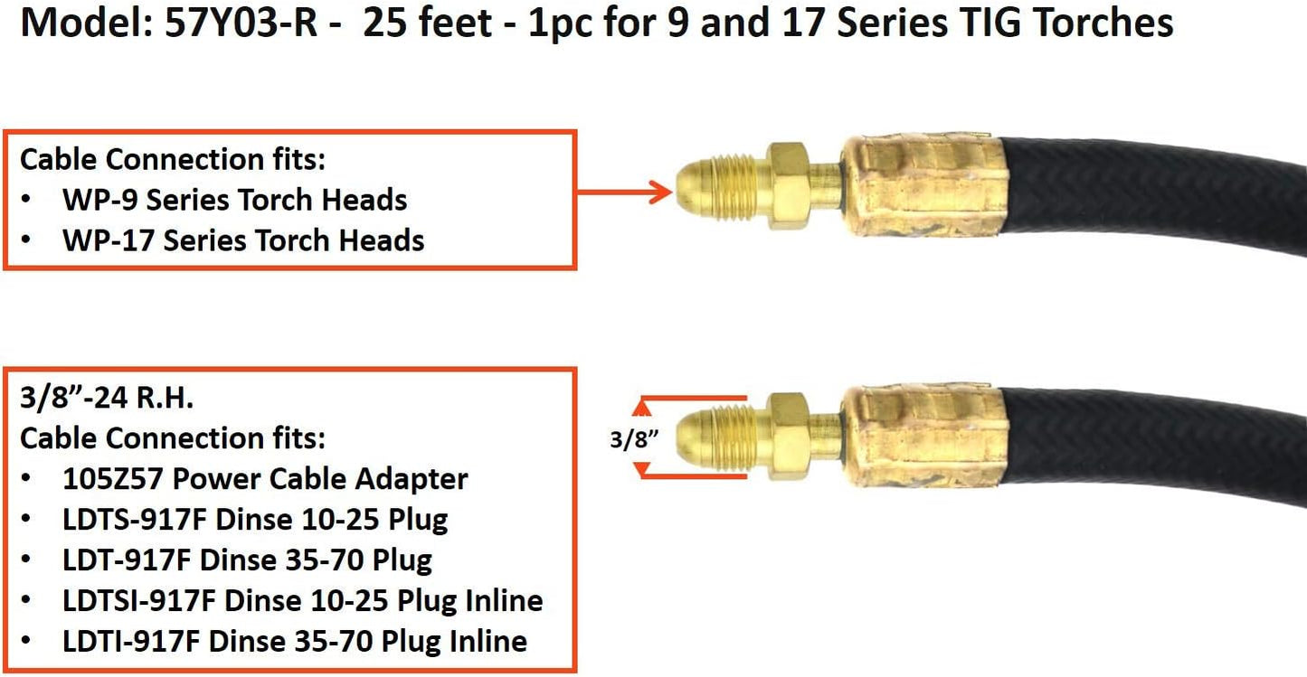 SÜA - TIG Torch Power Cable - Model: 57Y03R - 25 feet - 1pc for 9 and 17 Series TIG Torches
