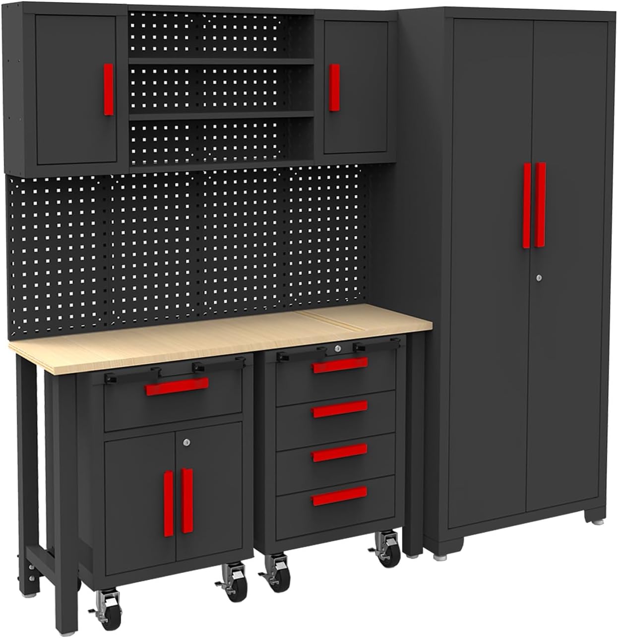 Torin 12 Piece Garage Storage Cabinet Set: Workshop Tool Organizer Chest with Lockers, Shelves and Wood Workbench, Black/Grey