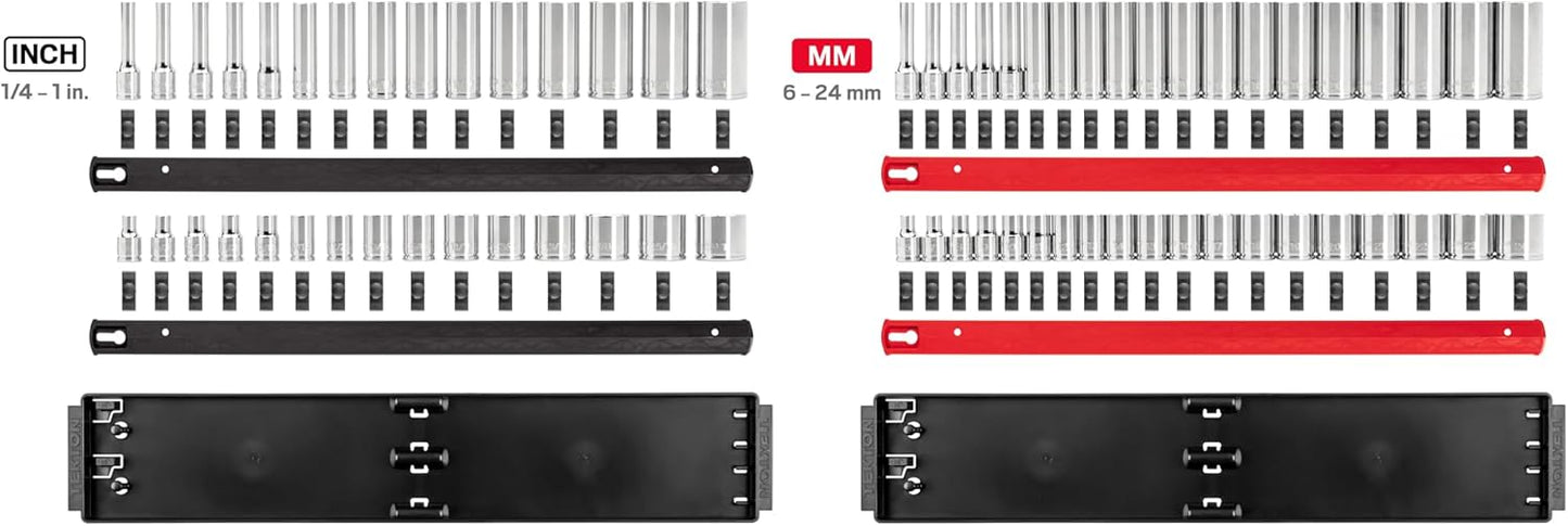 TEKTON 3/8 Inch Drive 12-Point Socket Set with Rails and Trays, 68-Piece (1/4-1 in., 6-24 mm) | SHD91221