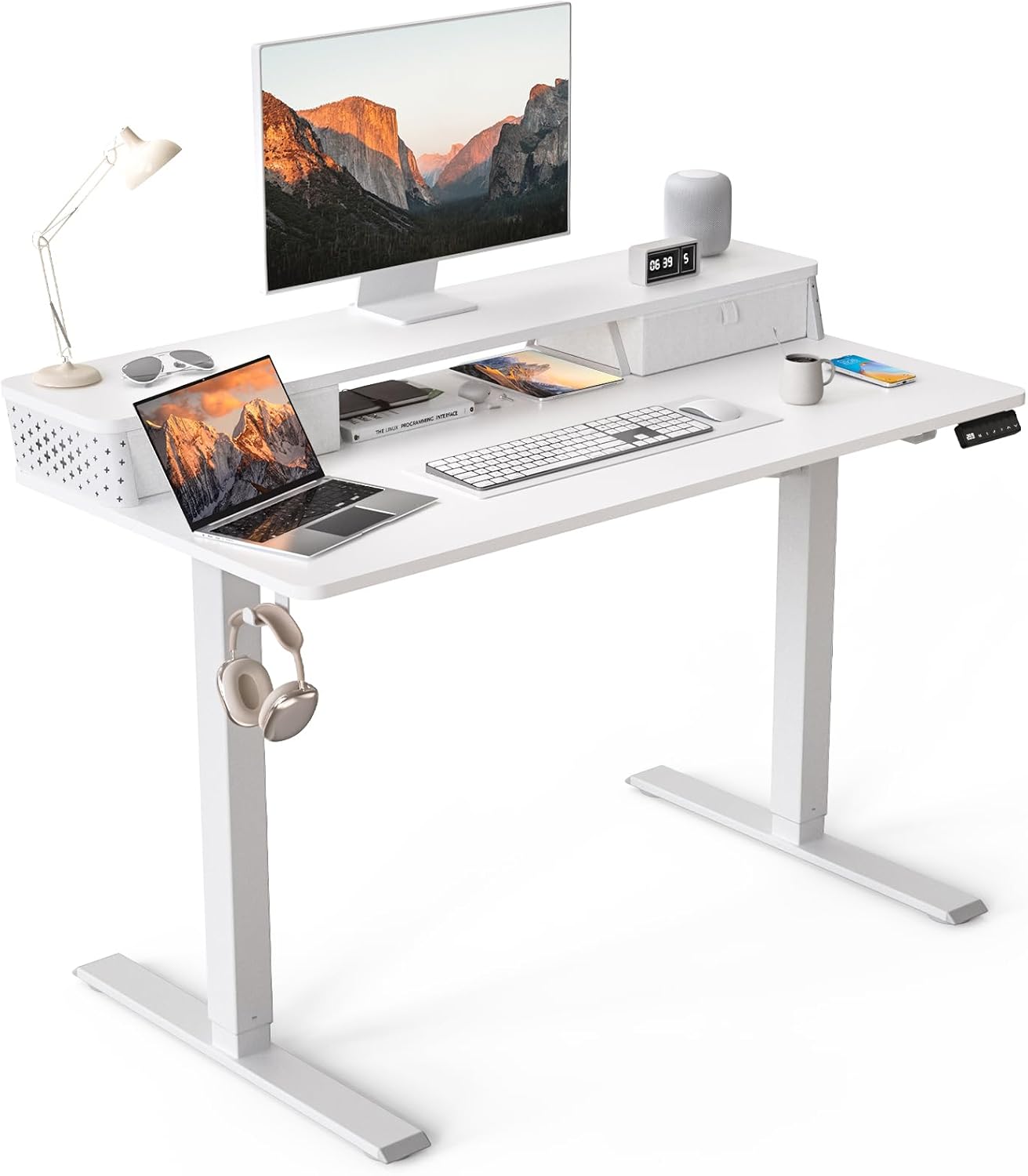 48"x 24" Standing Desk with Drawers, Easy Assembly Design, Adjustable Height Sit Stand Up Desk, Home Office Table with C-Clamp Mount Compatible, 3 Preset Heights & 2 Hooks(Rustic Brown)
