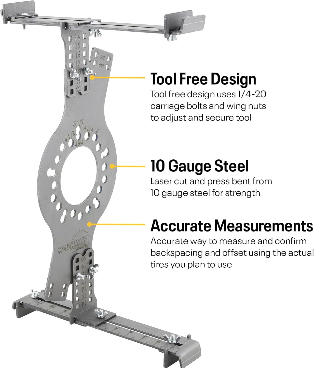 Speedway Motors WheelWise™ Wheel Fitment Tool Master Kit, 4-5-6 Lug Patterns, Laser Cut 10 Gauge Steel, Accurate Backspace & Offset Measurement, Includes Carriage Bolts & Wing Nuts