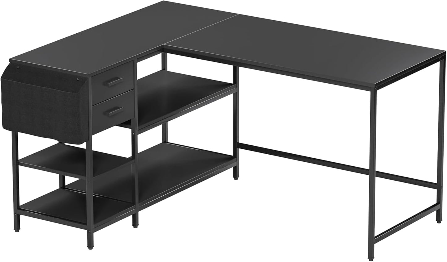 Techni Mobili Modern L-Shaped Desk with Storage, Corner Computer Desk for Home & Office with, 2 Drawers, Open Storage Shelves, Fabric Organizer & Sturdy Metal Frame, Black